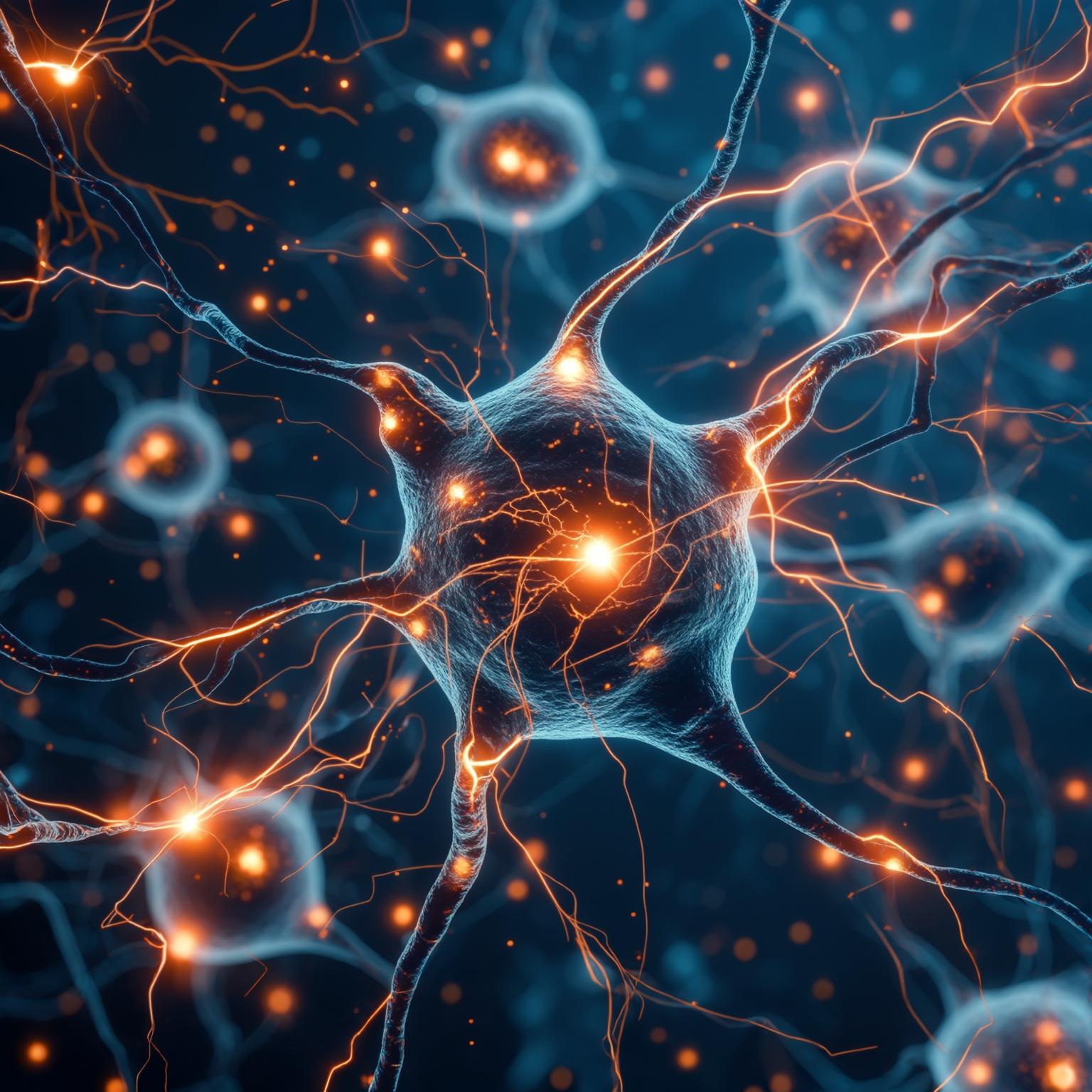 Abstract visualization of bioelectrical signals flowing through interconnected cells, with orange light flashes on a dark blue technological background, representing cellular communication.