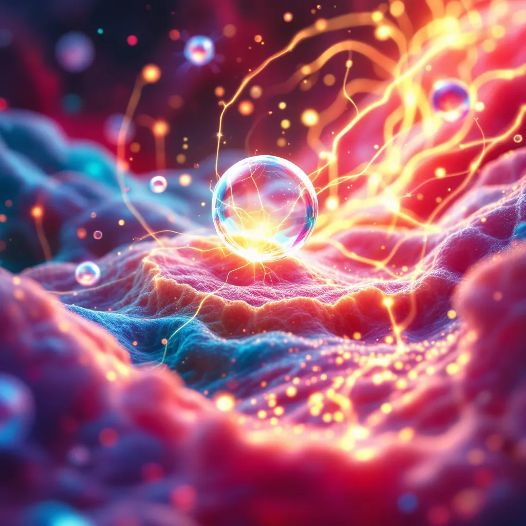Detailed illustration of human cells regenerating, with visible bioelectric gradients as lines of luminous energy guiding the healing process over damaged tissue. Colors should be vibrant and hopeful.