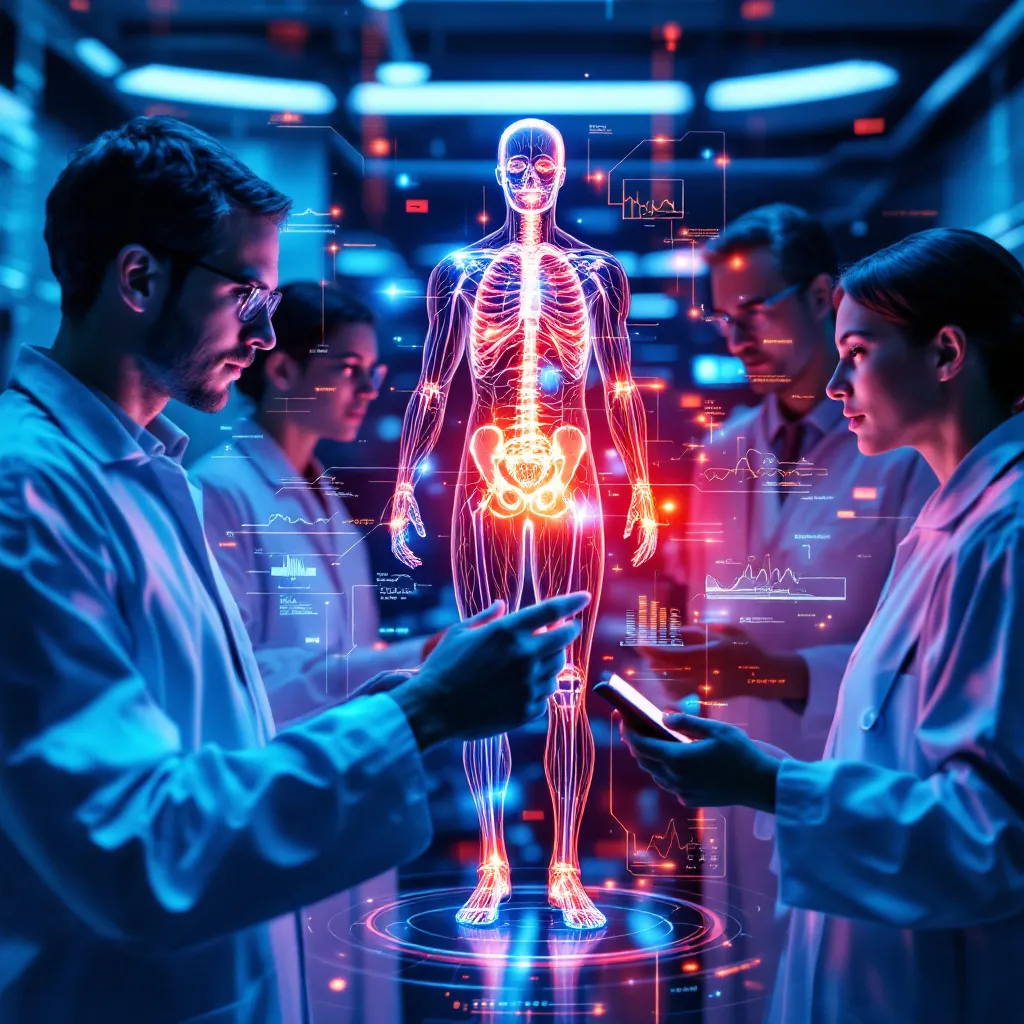 Futuristic medical interface showing bioelectrical data overlayed on a human anatomical model, with doctors collaborating. Suggests advanced technology and data-driven medicine.