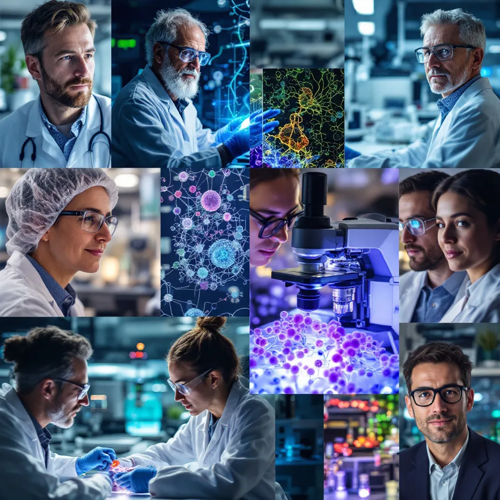 Montage of diverse scientists in modern laboratory settings working with advanced bioelectrical equipment and cellular cultures, conveying collaboration and innovation.