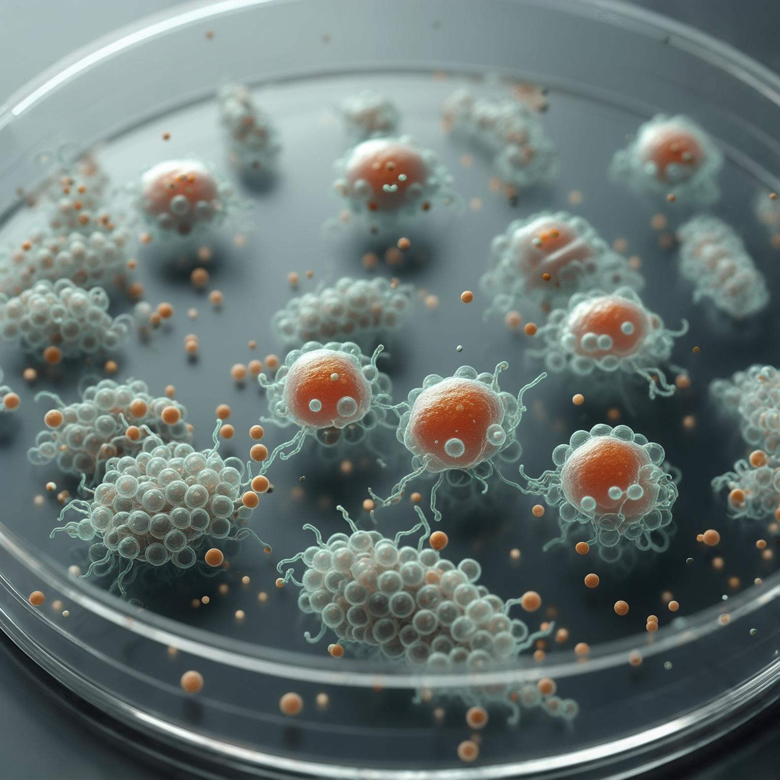 Conceptual image of Xenobots or similar living robots, appearing as small, organic-looking clusters of cells, possibly performing a task like collecting particles, in a petri dish or microscopic view.