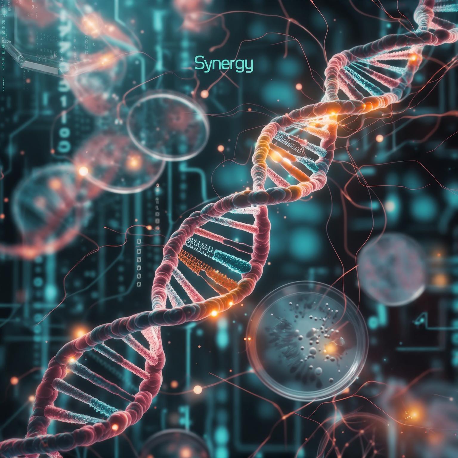 Abstract representation of intertwined biological structures (DNA, cells) and computational data streams, symbolizing the synergy between life sciences and high-performance computing.