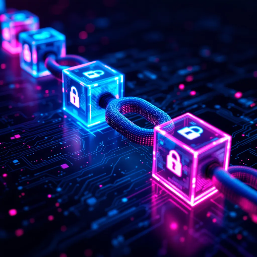 A chain of luminous, interconnected digital blocks in cyan and magenta, each displaying a stylized padlock icon, symbolizing security and immutability. The chain recedes into a dark, data-stream background resembling a circuit board.