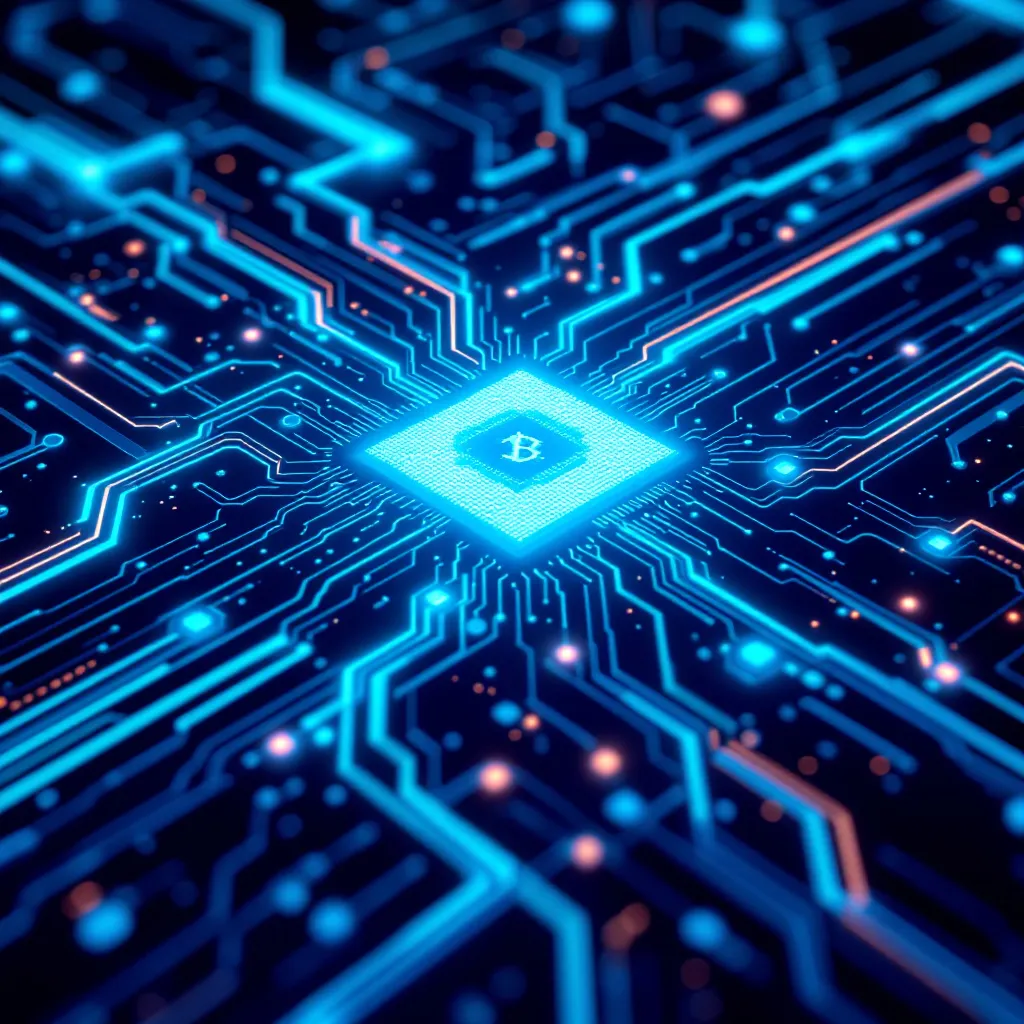 Abstract representation of Proof-of-Work: a glowing, complex cryptographic puzzle or a powerful GPU array with light trails, in cyan and electric blue, suggesting intense computation.