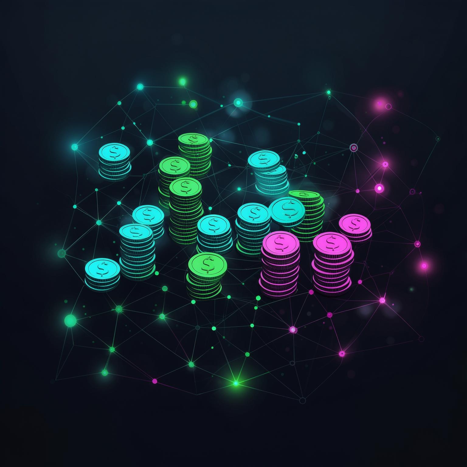 Abstract representation of Proof-of-Stake: stylized digital coins interlinked in a network, with some coins highlighted or 'staked', in green, cyan, and magenta, implying network participation and growth.