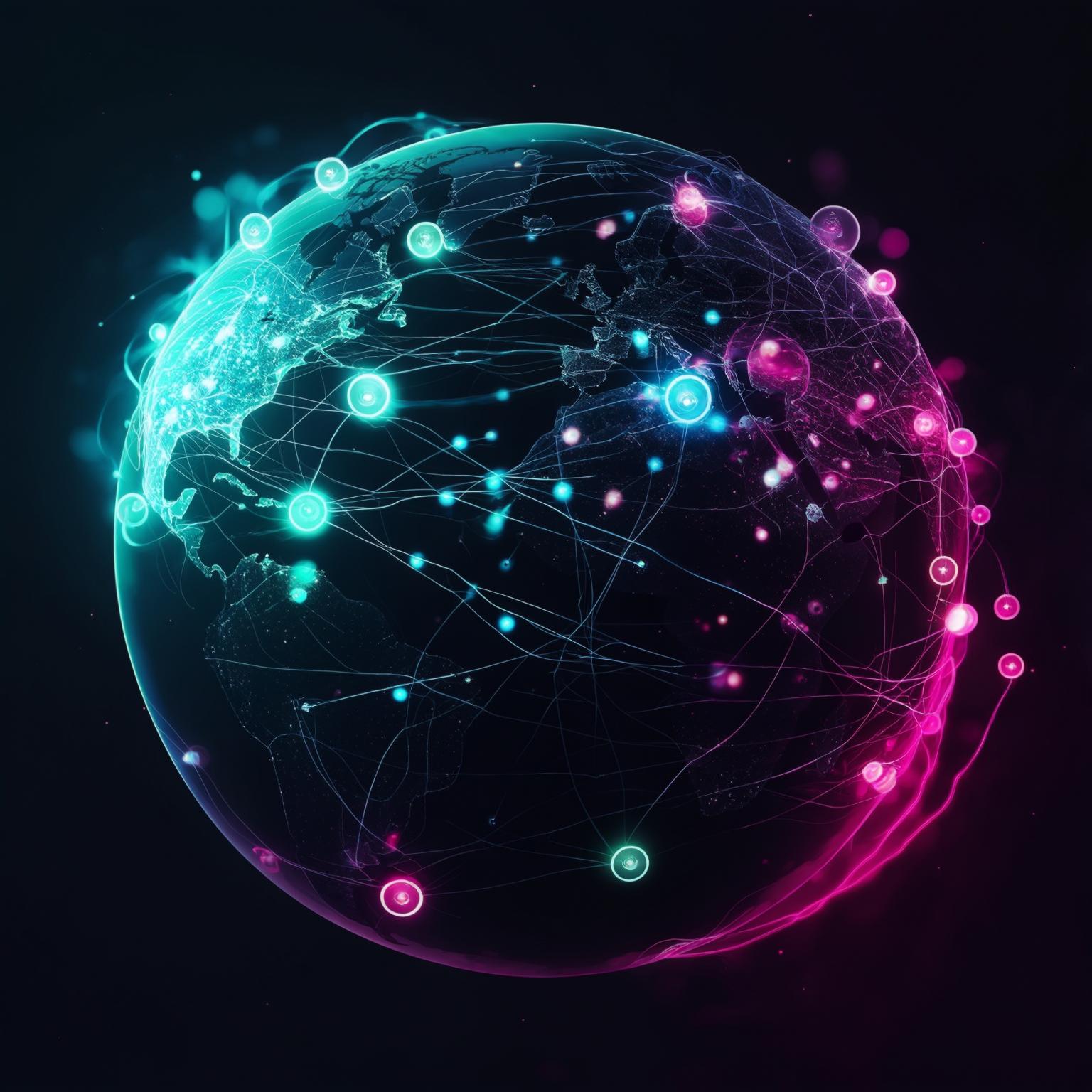 Abstract visualization of a global decentralized network: glowing nodes (orbs) connected by luminous data streams across a stylized dark globe or digital space. Colors: cyan, blue, magenta.
