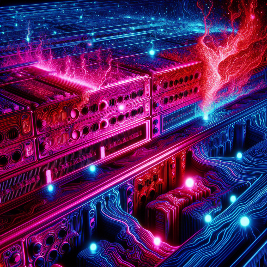 Abstract visualization representing intense heat generation from futuristic AI server hardware. Show glowing red/magenta thermal energy radiating amidst deep blue/cyan circuitry patterns.