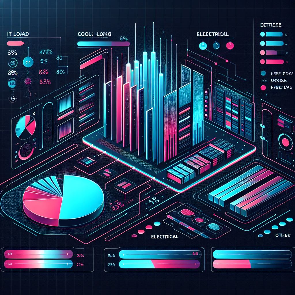Data visualization graphic showing a breakdown of energy use in a datacenter by category (IT Load, Cooling, Electrical, Other) with percentages and glowing segments.