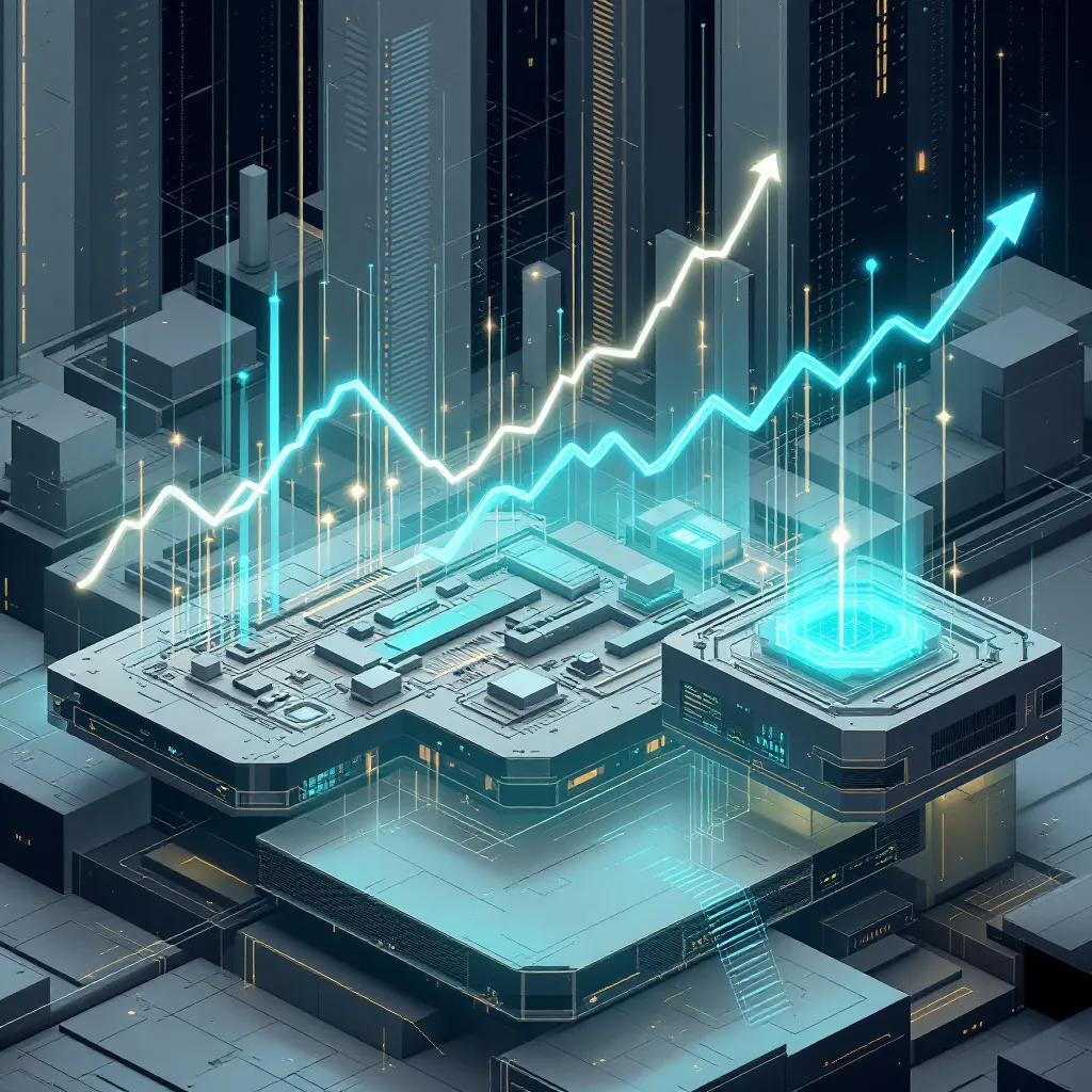 Abstract visualization representing the scale and complexity of hyperscale datacenter infrastructure investment. Show interconnected technical diagrams overlaid with financial data points or growth curves, suggesting large capital outlay and planning.