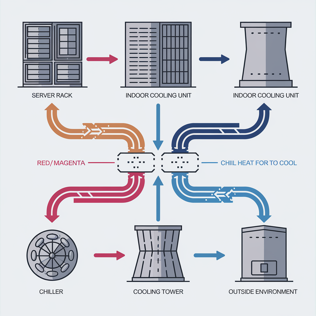 Simplified schematic diagram illustrating the heat flow path in a datacenter: Server -> Indoor Unit -> Chiller/Tower -> Outside. Use clear icons, arrows, and color changes (blue=cool, red/magenta=hot) to show the flow.