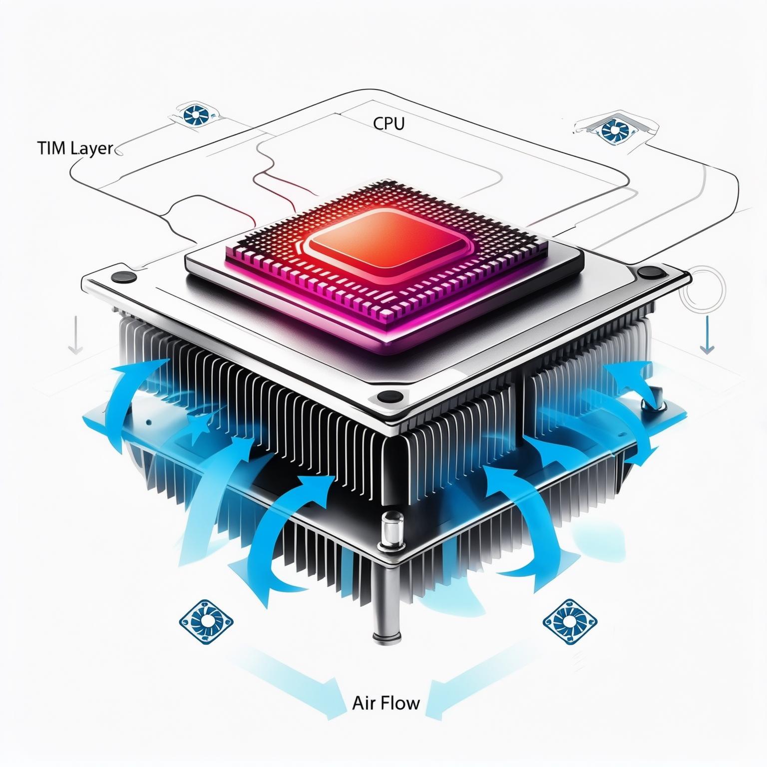 Simplified diagram showing server components involved in cooling: CPU/GPU chip, TIM layer, Heatsink structure, and Fans. Use labels and subtle glowing effects on heat sources/flow.