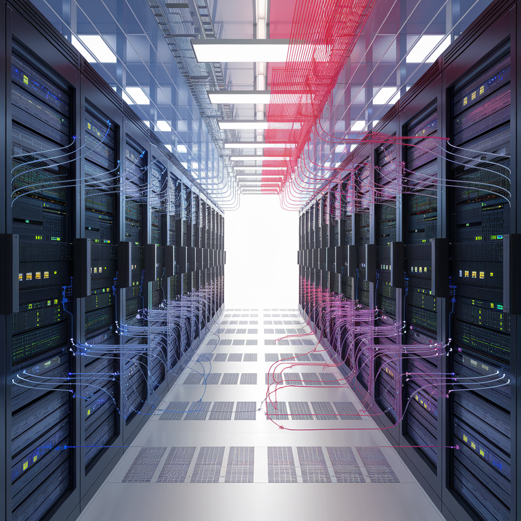 Technical diagram showing airflow in a data hall with hot aisle containment. Illustrate cold air supply (blue arrows), servers, hot air exhaust into a contained aisle (red arrows), and return path to cooling units. Use clear labels and contrast.