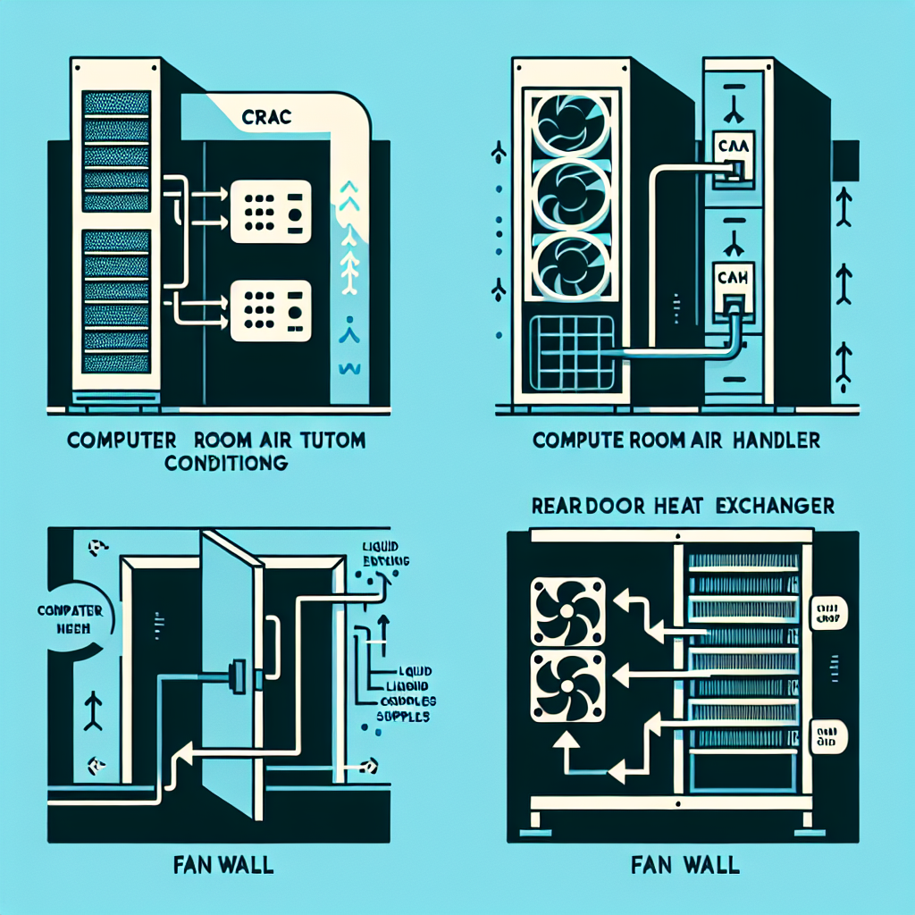 Icons or simple diagrams representing CRAC, CRAH, Fan Wall, and RDHx units. Show air in/out and liquid connections, highlighting how heat is transferred from air to liquid at this stage.