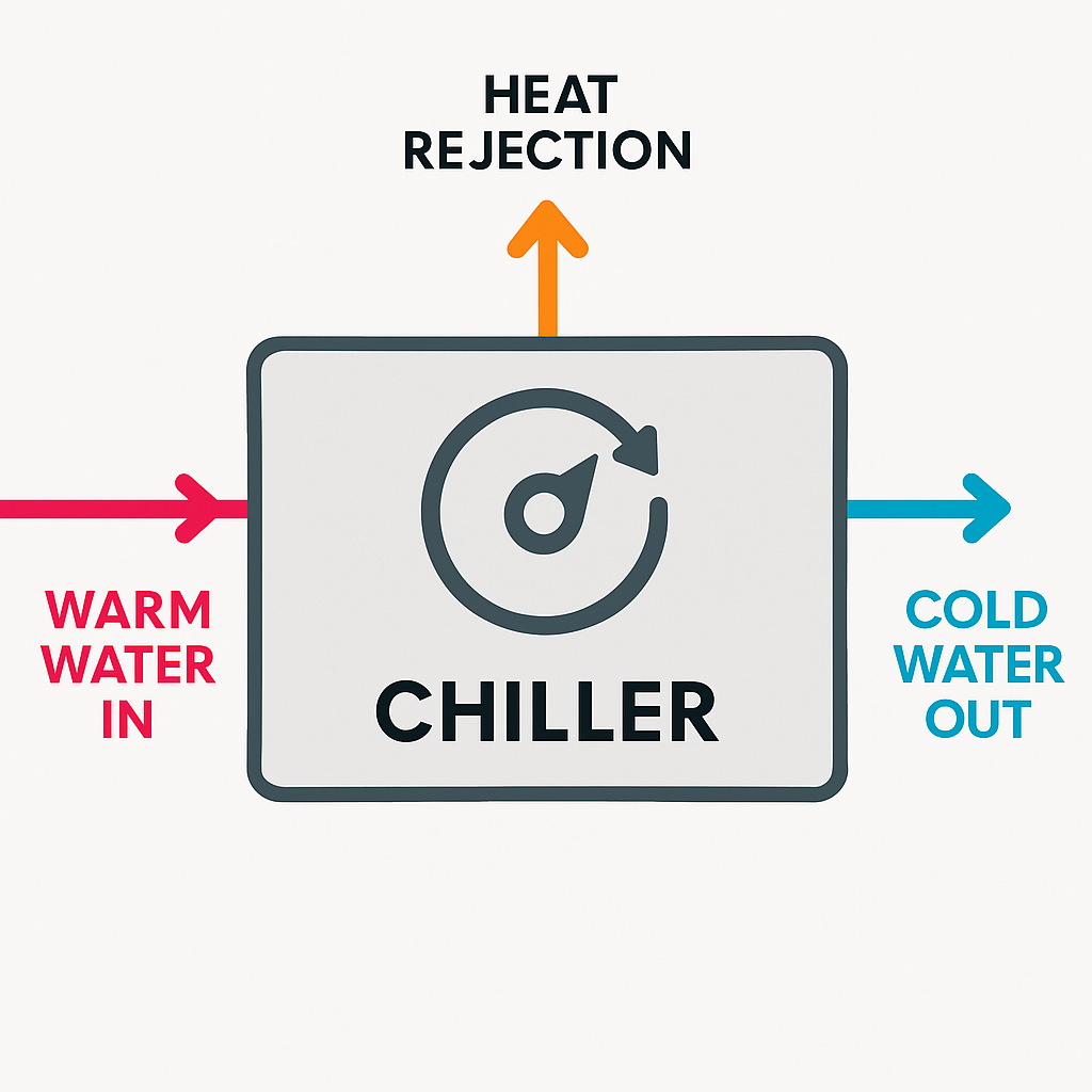 Simplified schematic of a chiller unit showing the four key stages of the refrigeration cycle (Evaporator, Compressor, Condenser, Expansion Valve) using simple icons and arrows. Show water loops connected to the Evaporator and Condenser.