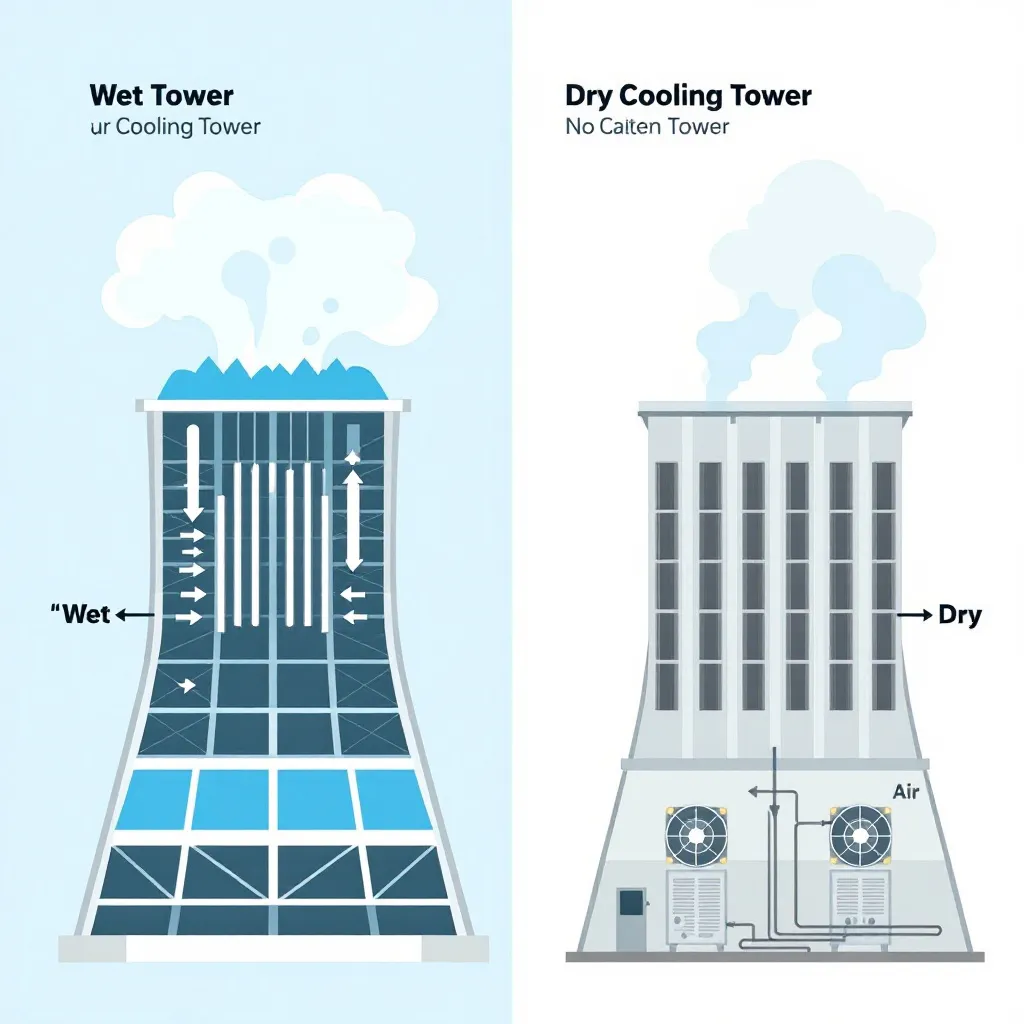 Simplified diagram comparing Wet (Evaporative) and Dry Cooling Towers. Show water spray and visible evaporation for wet, fanned coils and air flow only for dry. Highlight water consumption difference.