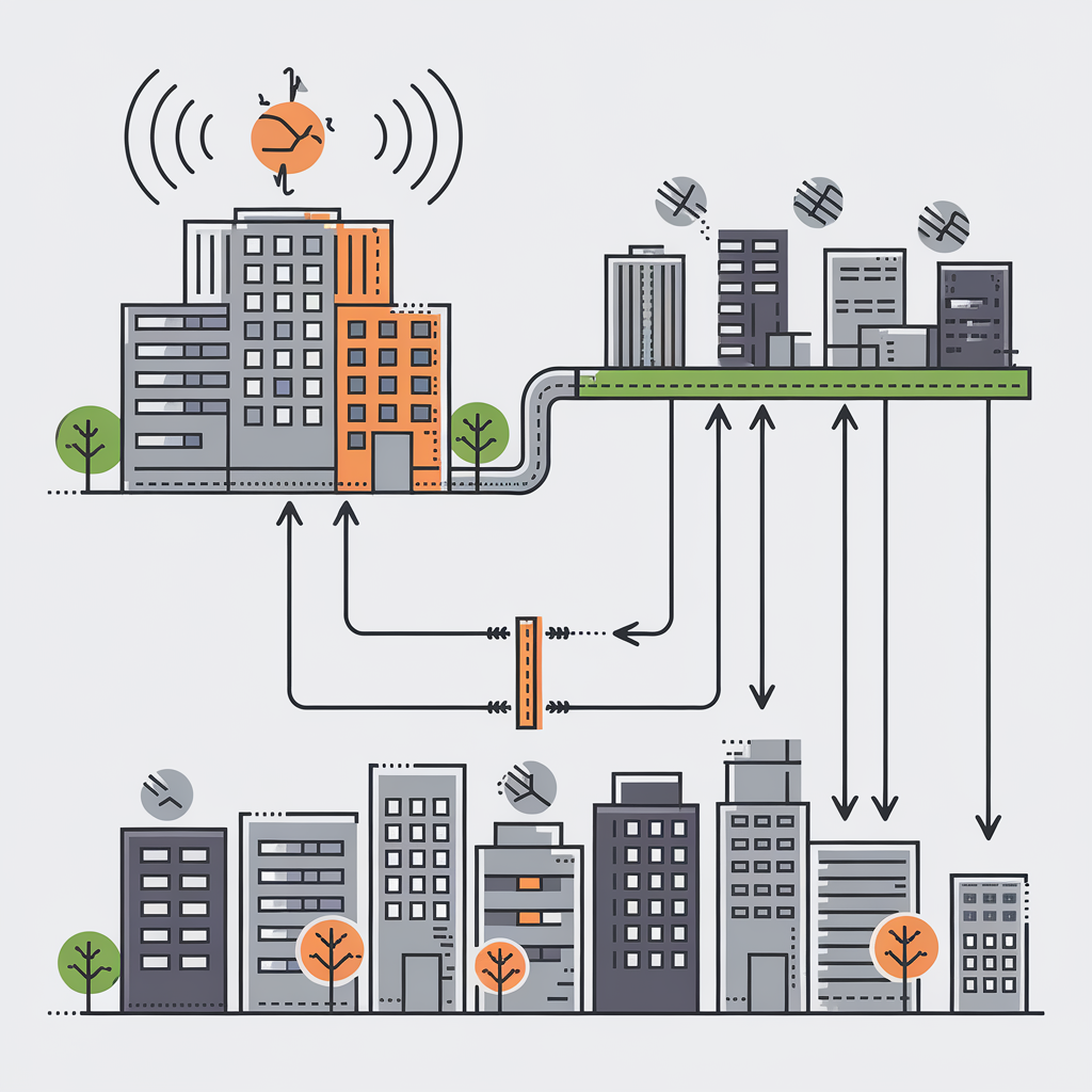 Conceptual diagram illustrating datacenter heat reuse. Show a datacenter icon connected by pipes to icons representing homes or other buildings receiving heat. Use arrows to show heat flow.