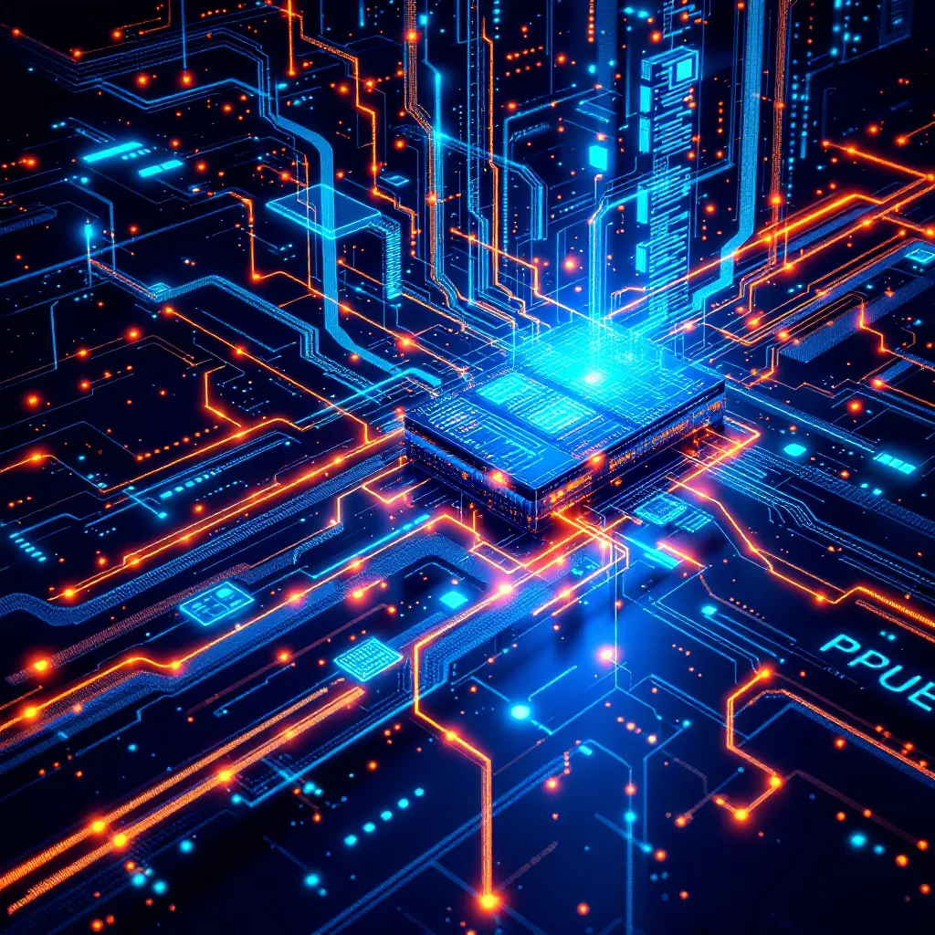 Abstract technical visualization representing high efficiency and optimization in hyperscale datacenters. Show complex but streamlined systems, data flows, and metrics (like glowing PUE numbers) indicating minimal waste energy, using series colors.