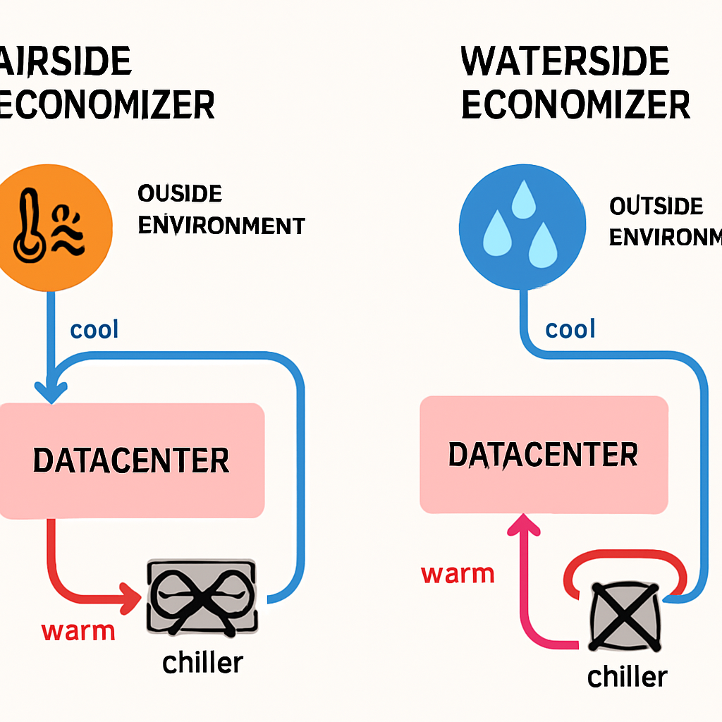 Simplified technical diagram illustrating Airside and Waterside economizer concepts. Show air/water flow paths that bypass traditional chiller cooling when outside conditions are favorable. Use arrows and color changes.