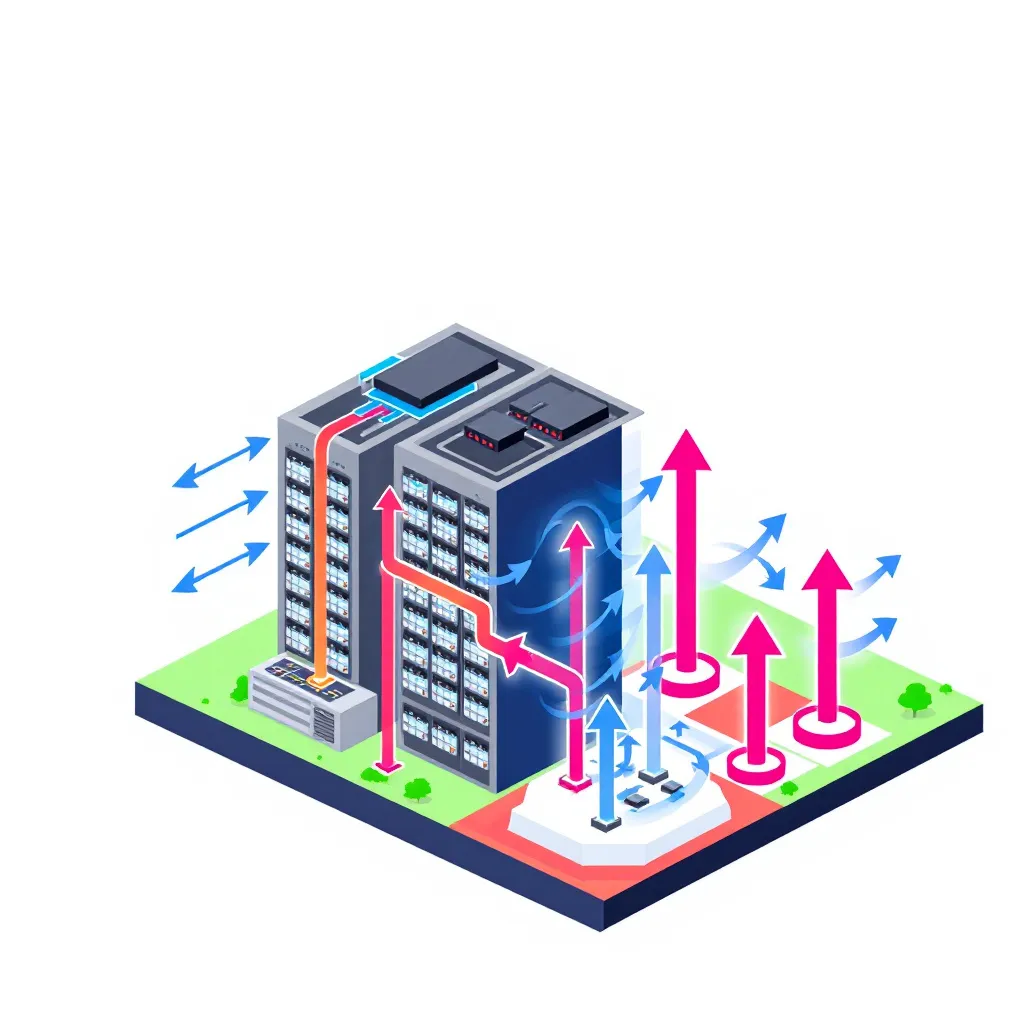 Abstract diagram representing Microsoft's airside cooling approach. Show outside air entering, potentially passing through evaporative media, cooling servers, and exiting. Highlight dependence on external air.