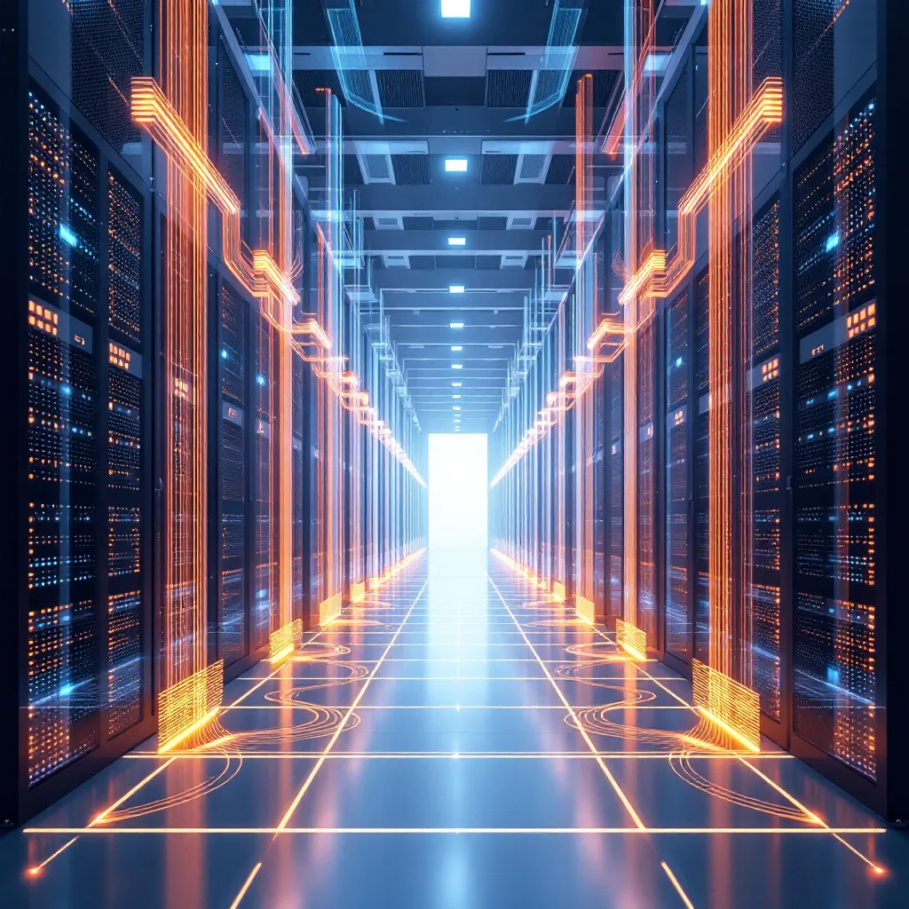 Abstract visualization representing Meta's direct air cooling concept. Show a large, open space with air flow patterns around server racks, suggesting high volume, low velocity air movement.