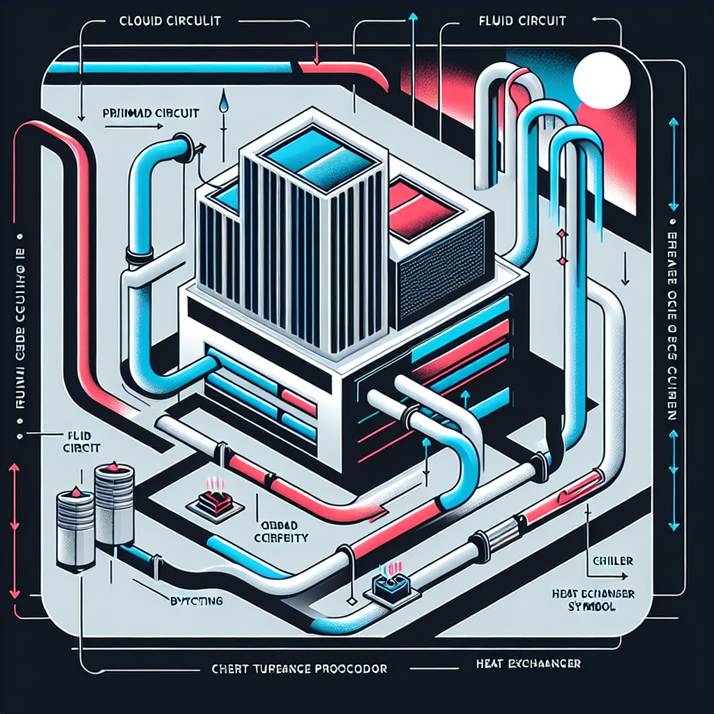 Abstract diagram representing Google's waterside economizer approach. Show two interconnected liquid loops, one bypassing a chiller icon and going directly to a cooling tower icon via a heat exchanger.