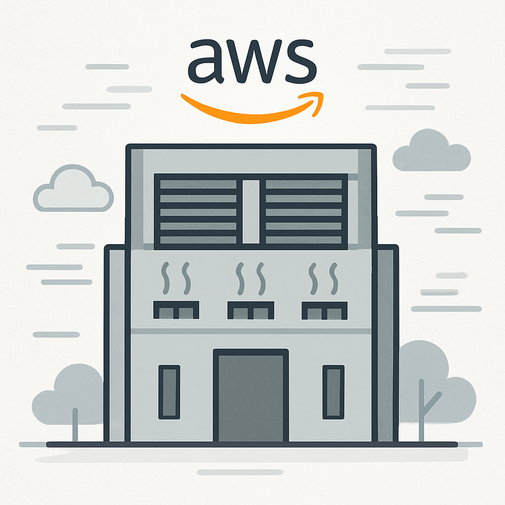 Abstract visualization representing AWS datacenter design with subtle hints of air intake louvers and exhaust vents, suggesting an air-based cooling approach, with a slightly mysterious or less detailed style.