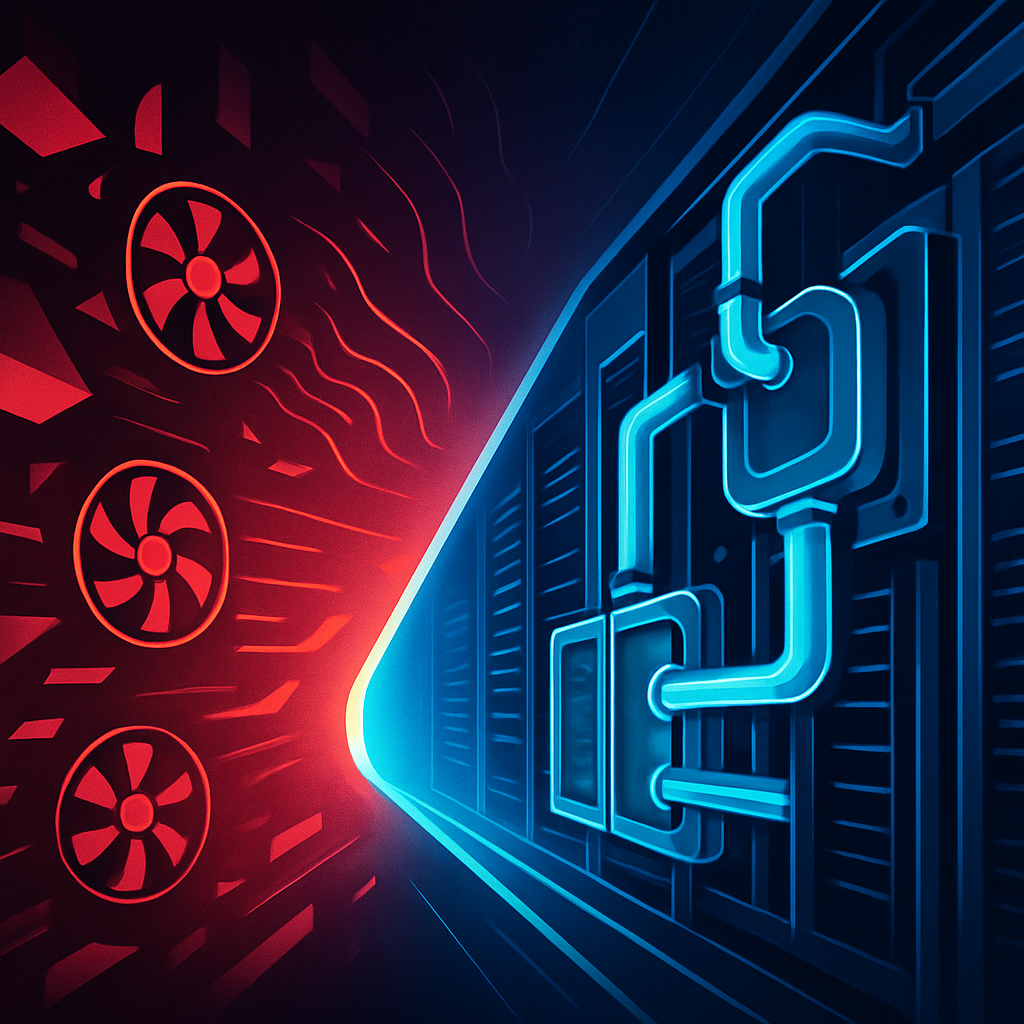 Abstract futuristic visualization showing a transition from complex air cooling systems (perhaps grey/red hues) evolving into or being replaced by streamlined liquid cooling components (blue/cyan hues) with glowing energy flows.