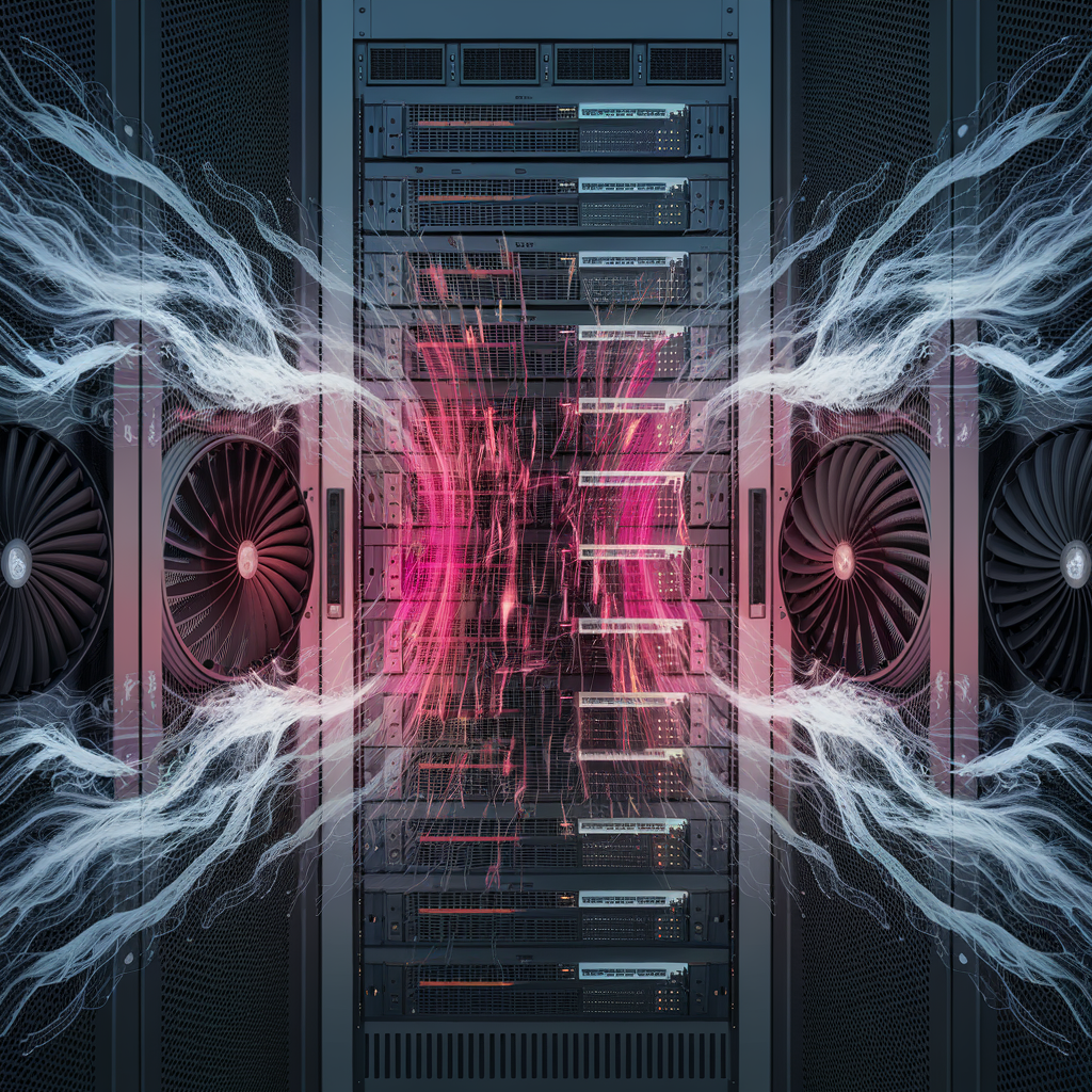 Abstract visualization showing intense stress on air cooling systems dealing with extreme heat. Depict overworked fans, turbulent hot air (red/magenta), and server components visually struggling with high temperatures, contrasting with inadequate blue/cyan cool air flow.