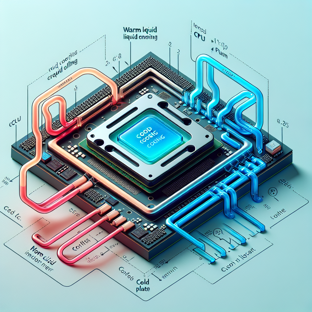 Simplified technical diagram showing Direct-to-Chip liquid cooling on a server component (CPU/GPU). Illustrate a cold plate attached to the chip, with liquid flowing in (blue/cyan arrows) and out (red/magenta arrows), connected to a pipe network.
