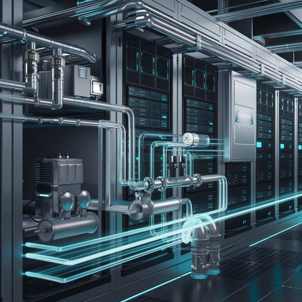 Abstract technical illustration showing interconnected liquid cooling components like pipes, pumps, heat exchangers (CDU), and manifolds integrated into a datacenter rack or row design. Use glowing blue/cyan lines to represent coolant flow.
