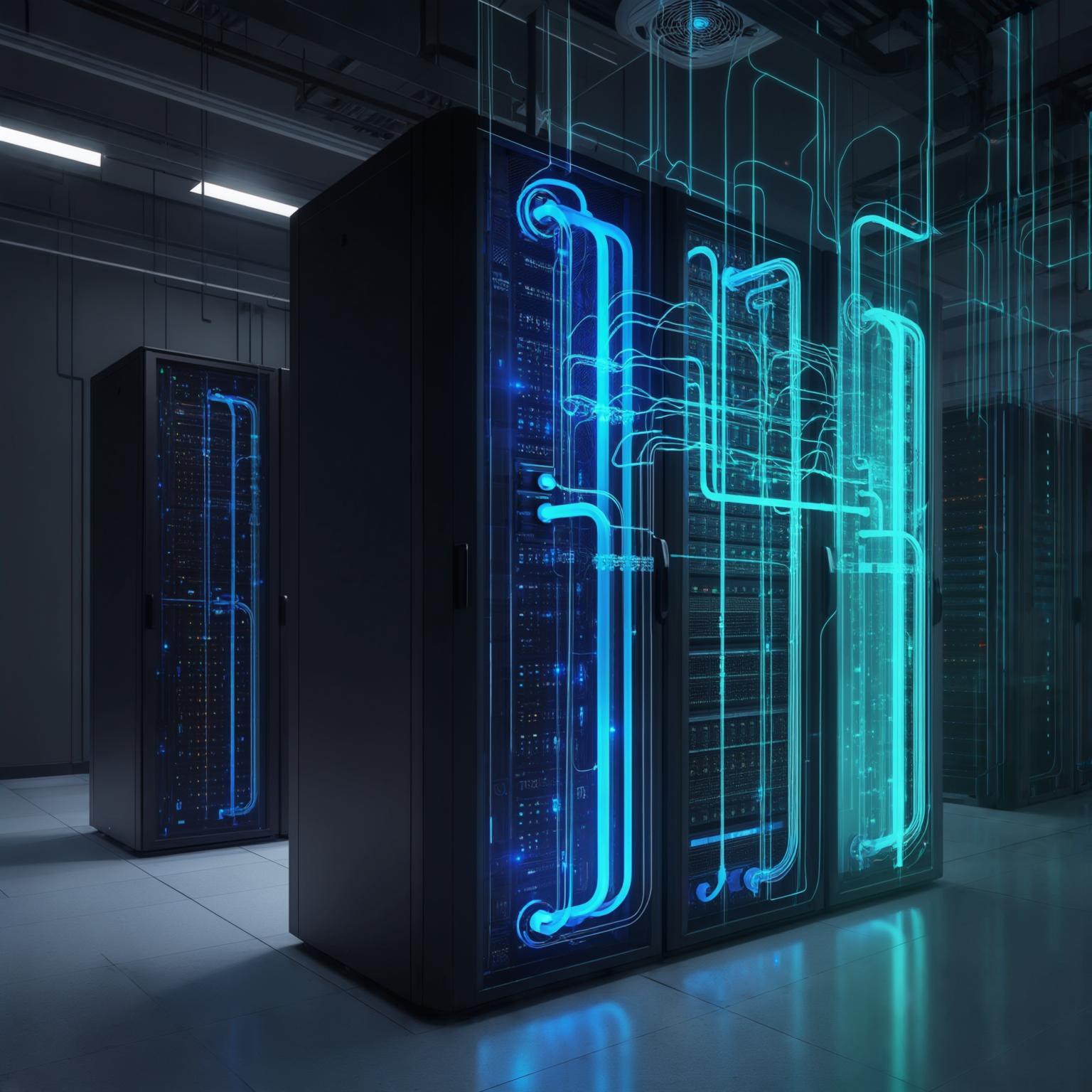 Highly futuristic abstract visualization of a datacenter interior focusing on advanced cooling. Show glowing blue/cyan liquid lines integrated directly with sleek, high-density server racks. Hint at minimal airflow components and a focus on liquid infrastructure.