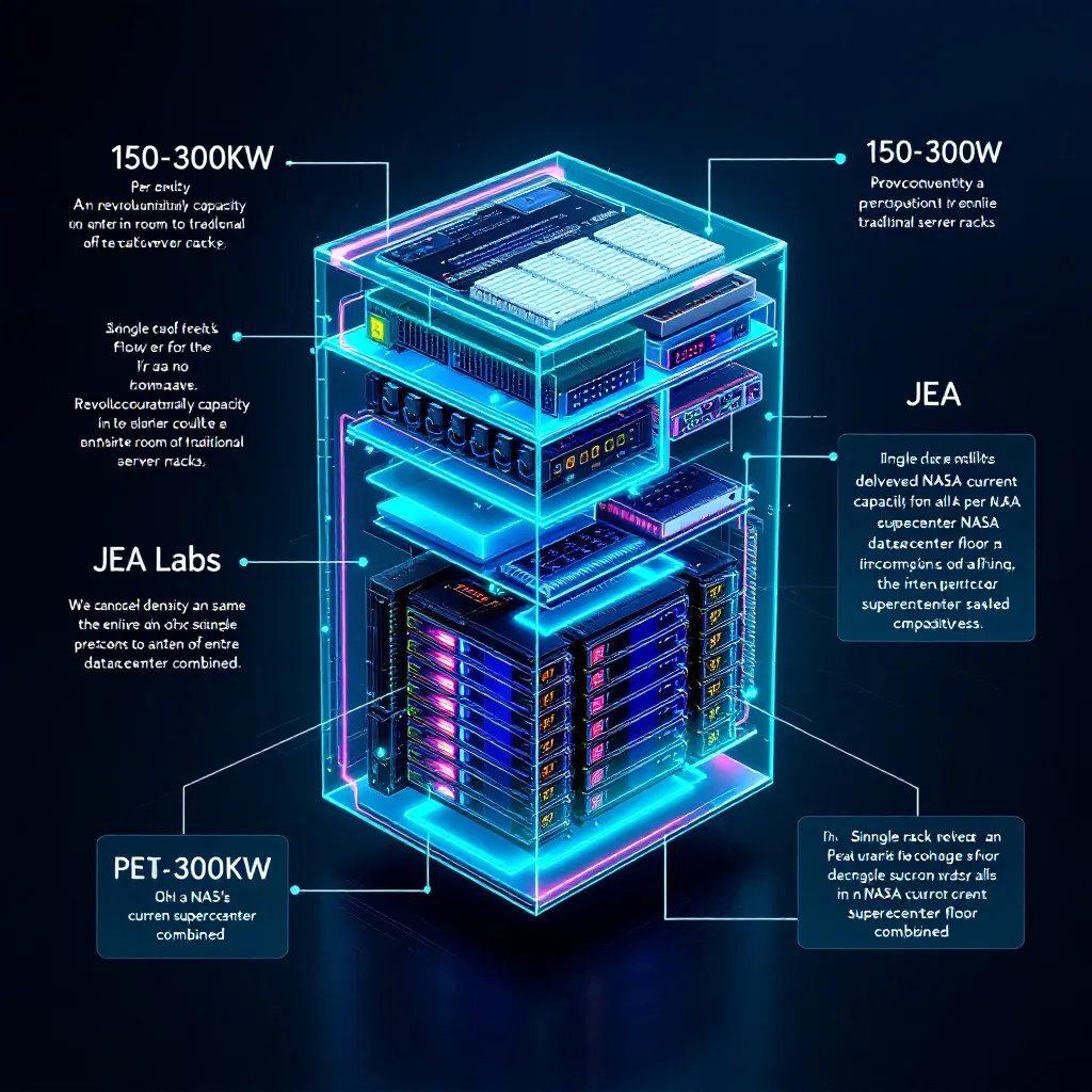 A detailed cross-section visualization showing the extraordinary density of a single JEA Labs rack compared to traditional computing infrastructure. The image shows a single JEA rack with internal components precisely arranged in a revolutionary 3D configuration that maximizes computational density. Visual indicators show how the same computational capacity would require an entire room of traditional server racks. Data flow is visualized through glowing cyan pathways within the JEA system, showing smooth, efficient processing. Floating metrics appear around the visualization showing the rack delivering 150-300kW per rack, with petaflop capability exceeding all of NASA's current supercomputers combined. The perspective emphasizes how a single rack can effectively replace an entire datacenter floor while delivering superior performance. The aesthetic features a deep blue-black background with technical interface elements in cyan and magenta, maintaining the theme of the article.