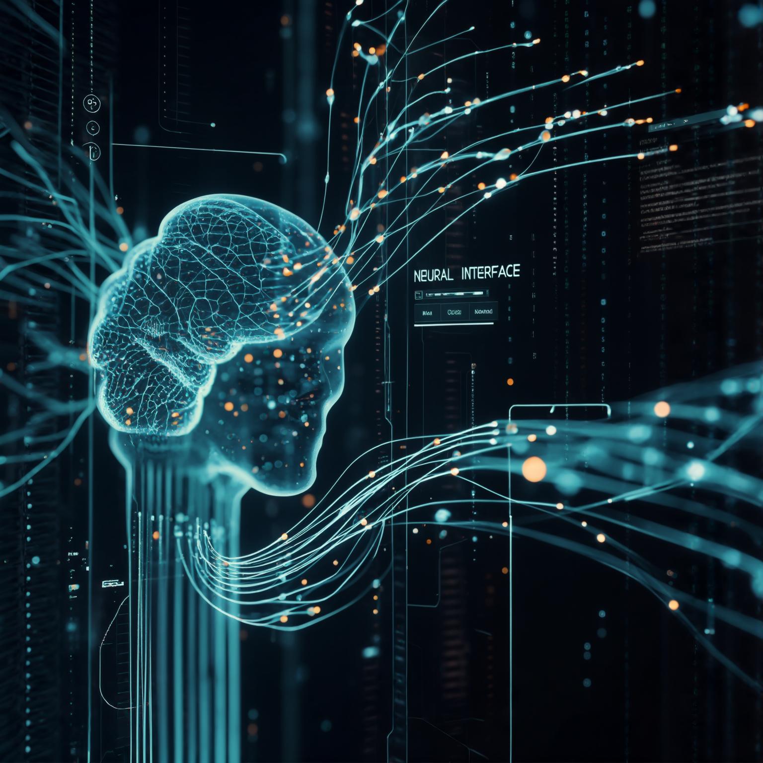 Futuristic conceptual image showing microelectrode arrays interfacing with a stylized neural network, with data streams flowing towards a computer interface.
