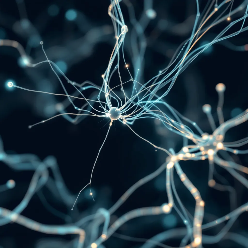 Conceptual illustration of Neuralink's thin electrode threads interfacing with brain neurons, with a sleek, futuristic aesthetic.