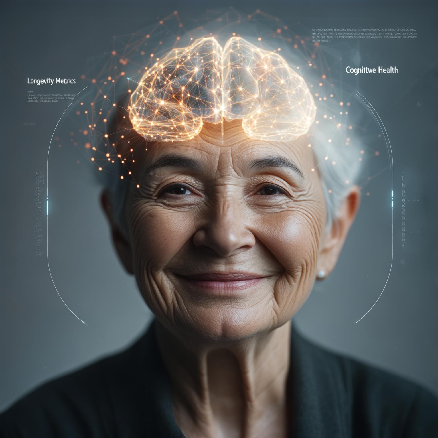 Conceptual image showing a futuristic brain scan with data points related to cognitive health and longevity metrics, perhaps with an older individual looking healthy and engaged.