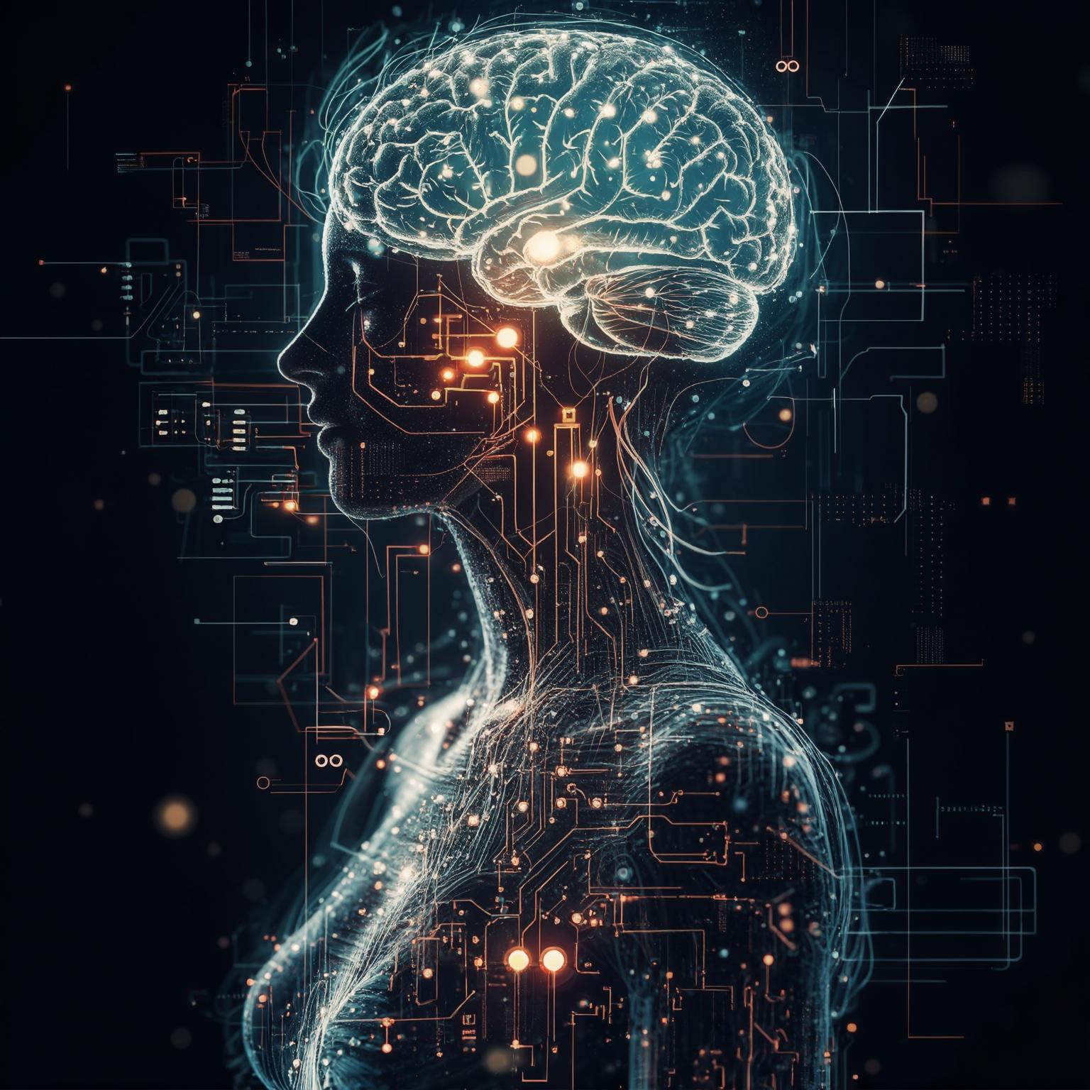 Abstract, artistic representation of a human silhouette seamlessly merging with digital networks and technological elements, symbolizing deep human-machine integration.