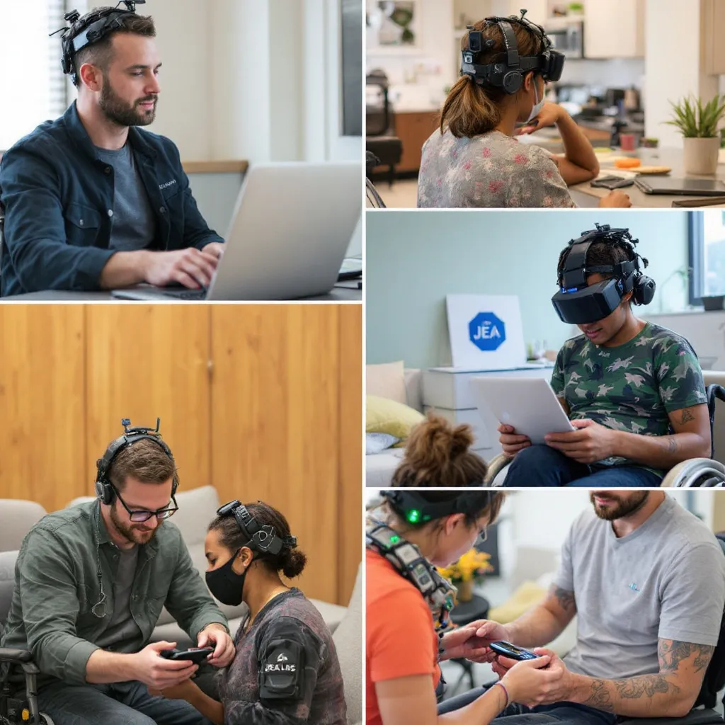 Composite image showing diverse people using BCI-assisted devices in everyday settings (communication, mobility, environmental control), with JEA Labs tech subtly underpinning these applications.