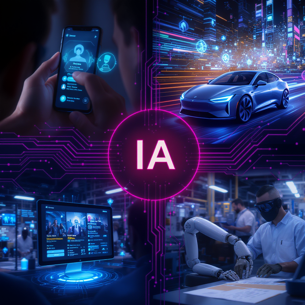 Futuristic collage showing various AI applications in everyday life: a smartphone with a virtual assistant interacting with a smiling user, an autonomous car smoothly navigating a smart city with informational holograms, a streaming screen displaying personalized movie recommendations, and a robotic arm collaborating with a worker in a modern factory. All connected by luminous data lines in cyan and magenta tones, against a dark, technological background.
