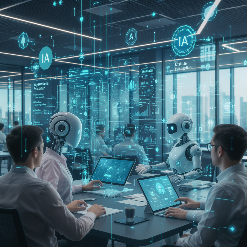 Conceptual representation of the future of work with AI: stylized human silhouettes fluidly collaborating with advanced holographic AI interfaces and robot assistants in a modern, bright, and technological office environment. Several people are participating in interactive learning sessions on large touchscreens, symbolizing re-skilling and up-skilling for new roles in the AI era.