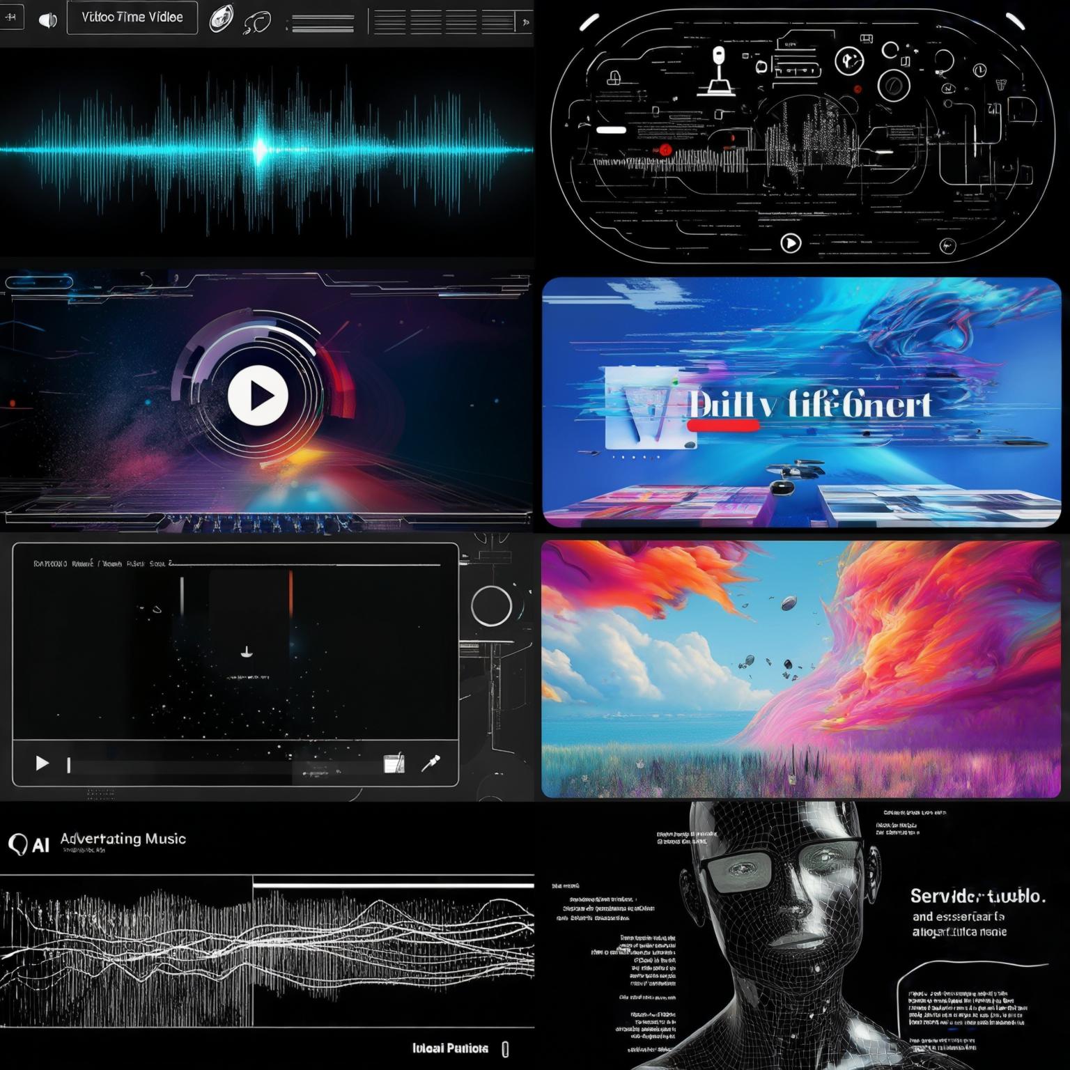 Futuristic and dynamic interface showing AI generating a complex advertising video in real-time. Graphic elements, ambient music represented by sound waves, and a synthesized voice-over indicated by a microphone icon are displayed. Around it, multiple examples of artistic images and text fragments generated by AI, demonstrating creative versatility.