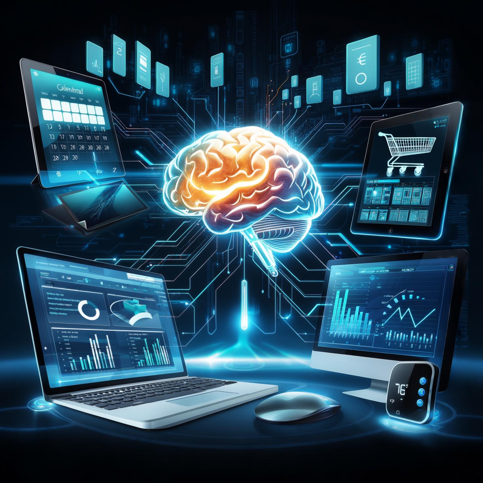 Conceptual visualization of a central, glowing AI 'brain' connected by data lines to multiple devices and systems. Includes a smart calendar on a tablet, a self-managing virtual shopping cart, a business dashboard with dynamic charts, and a smart home device (like a thermostat) automatically adjusting itself. Indicates coordinated and proactive management.