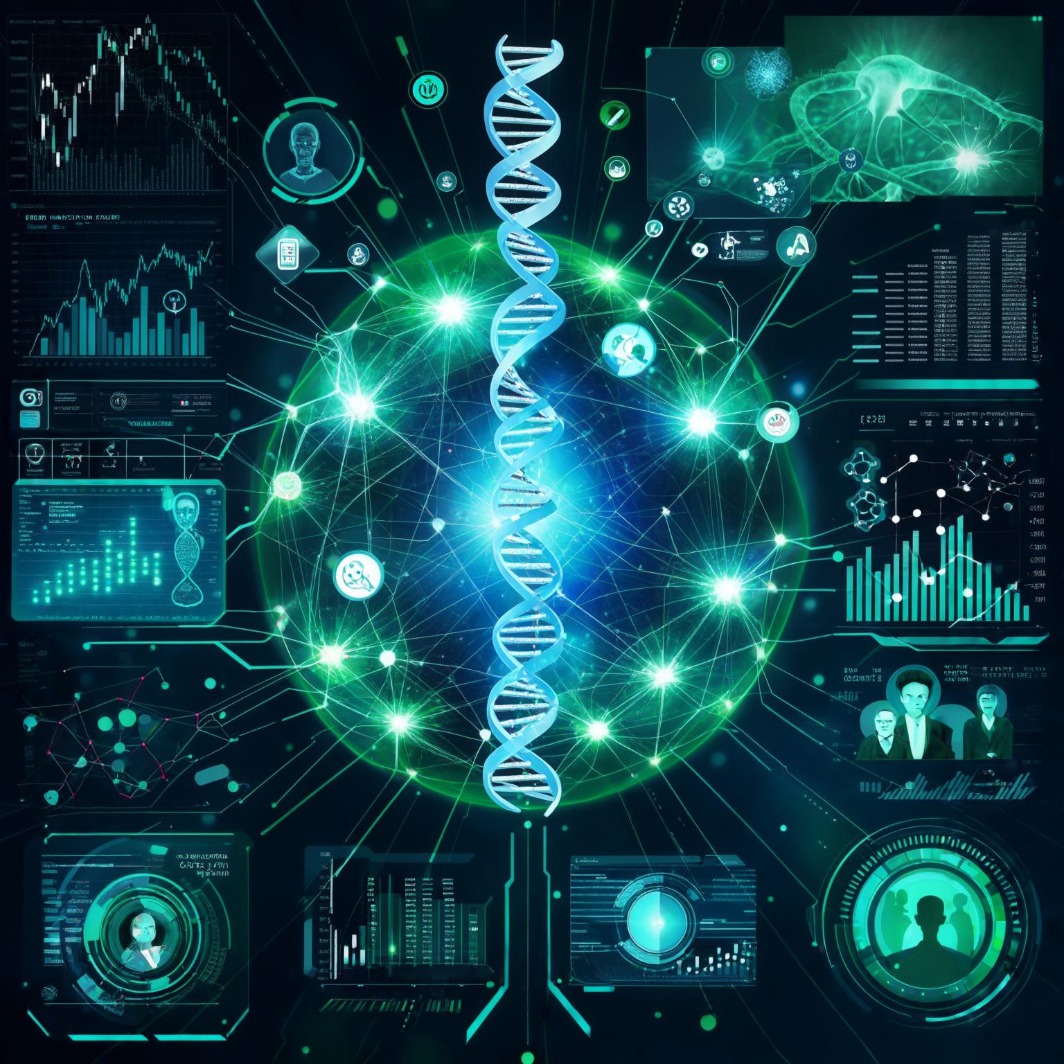 Abstract and bright visualization of AI's potential: a luminous neural network in teal tones connected to stylized icons representing scientific advancements (a DNA strand, complex molecules), market predictions (upward graphs and financial data), and ultra-personalized user experiences (diverse avatars interacting with personalized interfaces.