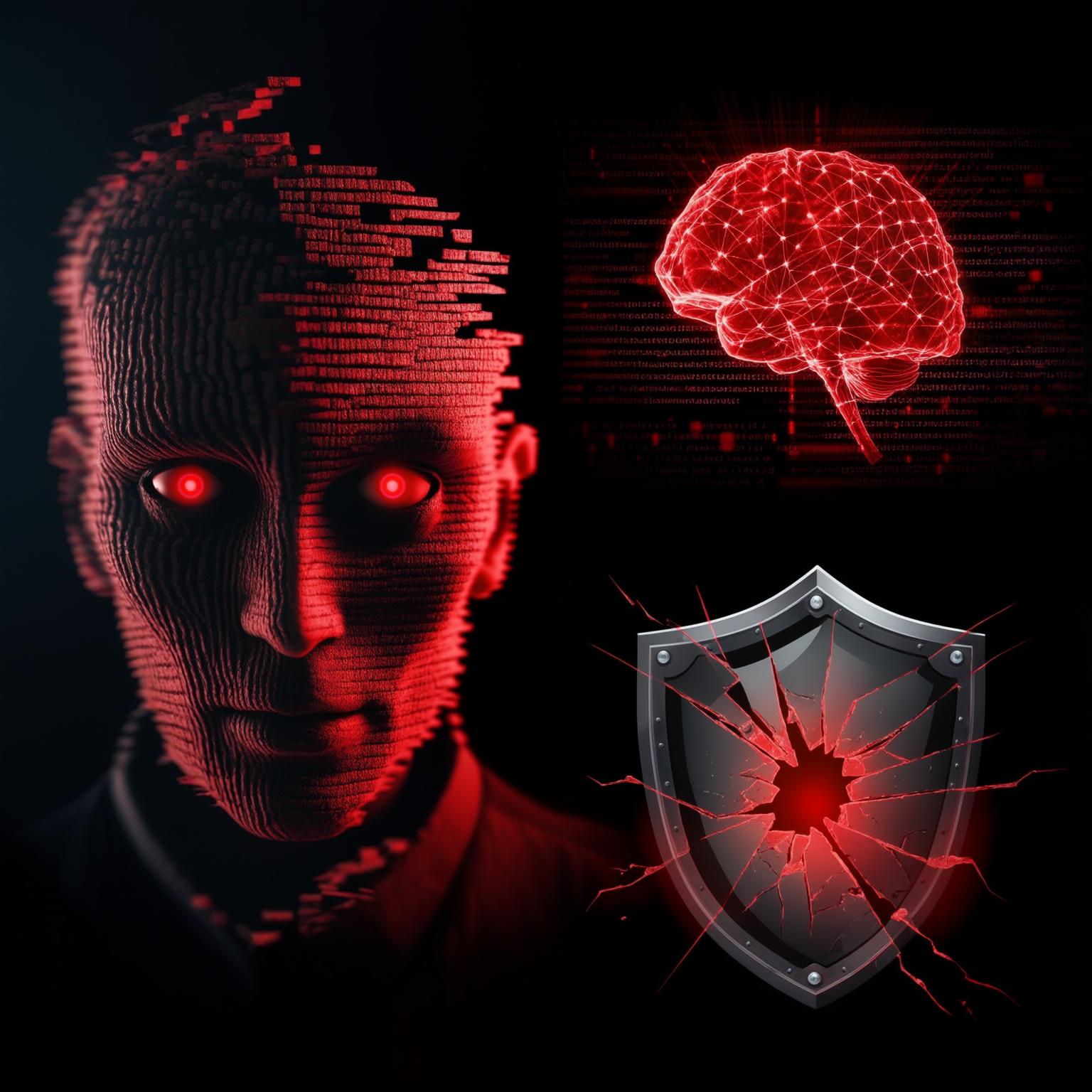 Dark and ominous conceptual representation of AI-driven cyber threats: a distorted, fragmented face symbolizing a deepfake, malicious code visualized as a glowing red neural network, and a digital shield cracking under attack. The overall atmosphere is dark with red warning flashes.