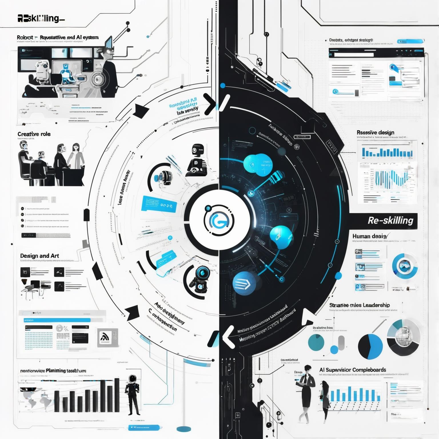 Futuristic and dynamic infographic showing the transition of labor roles. On one side, robots and AI systems perform repetitive tasks (assembly, mass data analysis). On the other, humans focus on creative roles (design, art), strategic roles (planning, leadership), and AI supervision (monitoring complex dashboards). Arrows indicate the 're-skilling' flow.