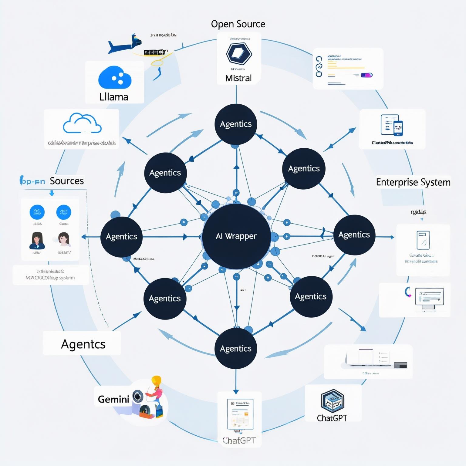Advanced conceptual diagram of JEA Holdings' AI Agent Swarm. At the center, an 'AI Wrapper' core orchestrates multiple 'Agentics' (intelligent nodes). These connect to diverse data sources (databases, APIs, IoT sensors) and enterprise systems (ERP, CRM). Visualizes the integration of open-source and cloud models (Llama, Mistral, Gemini, ChatGPT icons). Arrows indicate collaboration.