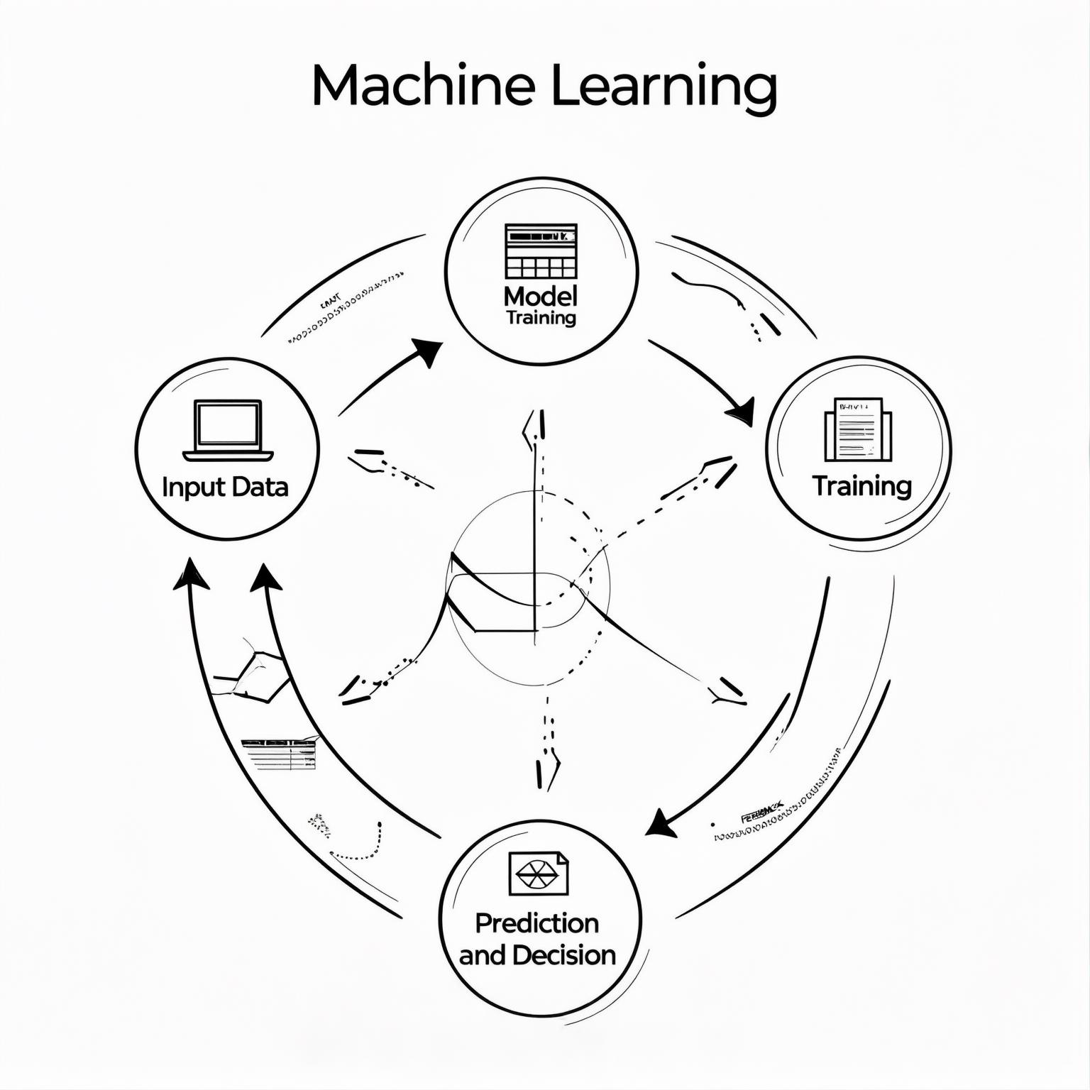 Simplified diagram of the Machine Learning process: arrows showing the flow from 'Input Data' to a 'Training Model', then to 'Prediction/Decision', and finally a 'Feedback' arrow returning to the model for continuous improvement.