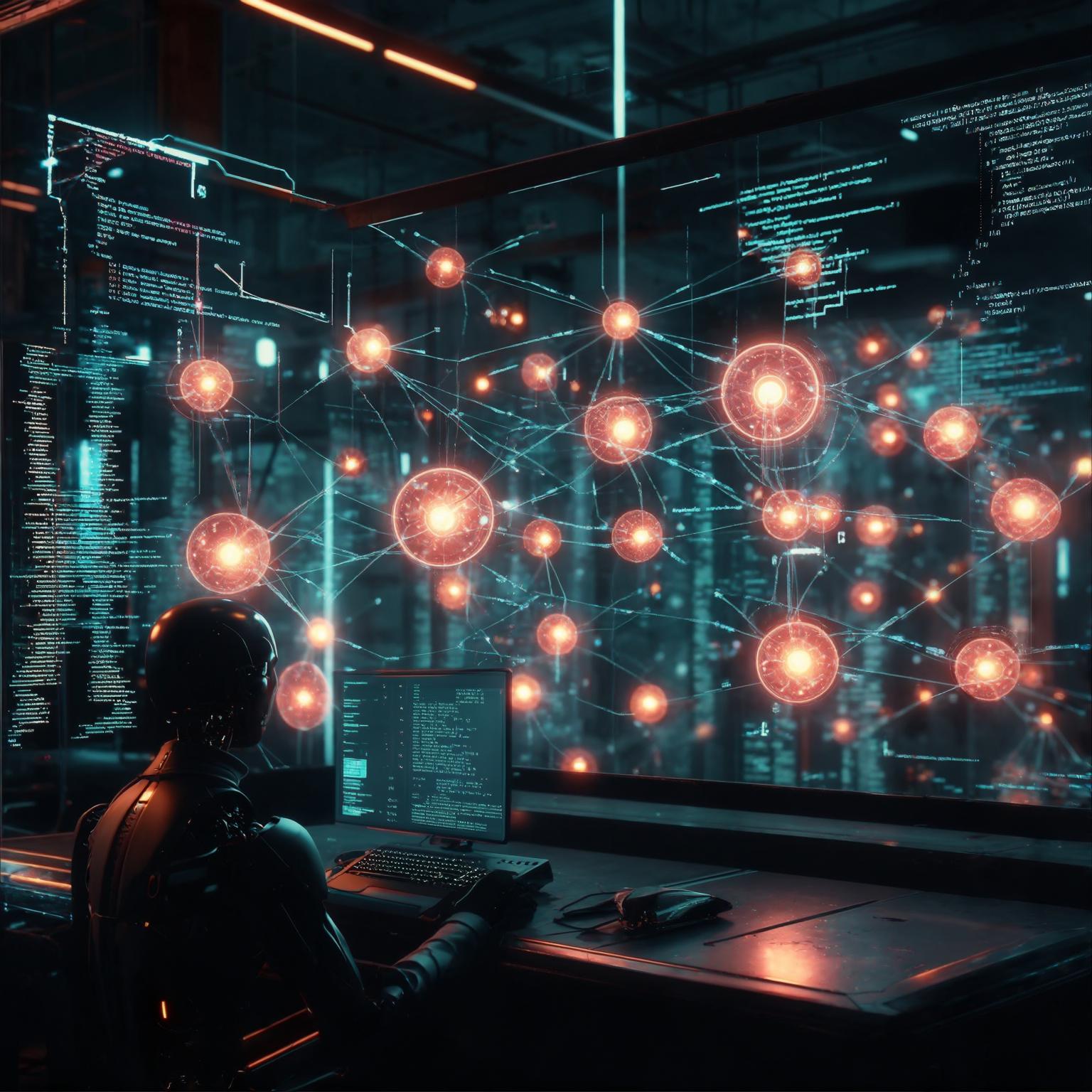Network of interconnected artificial intelligence nodes, visualized as glowing spheres connected by data lines, collaborating to solve complex problems or manage workflows in a coordinated and efficient manner.