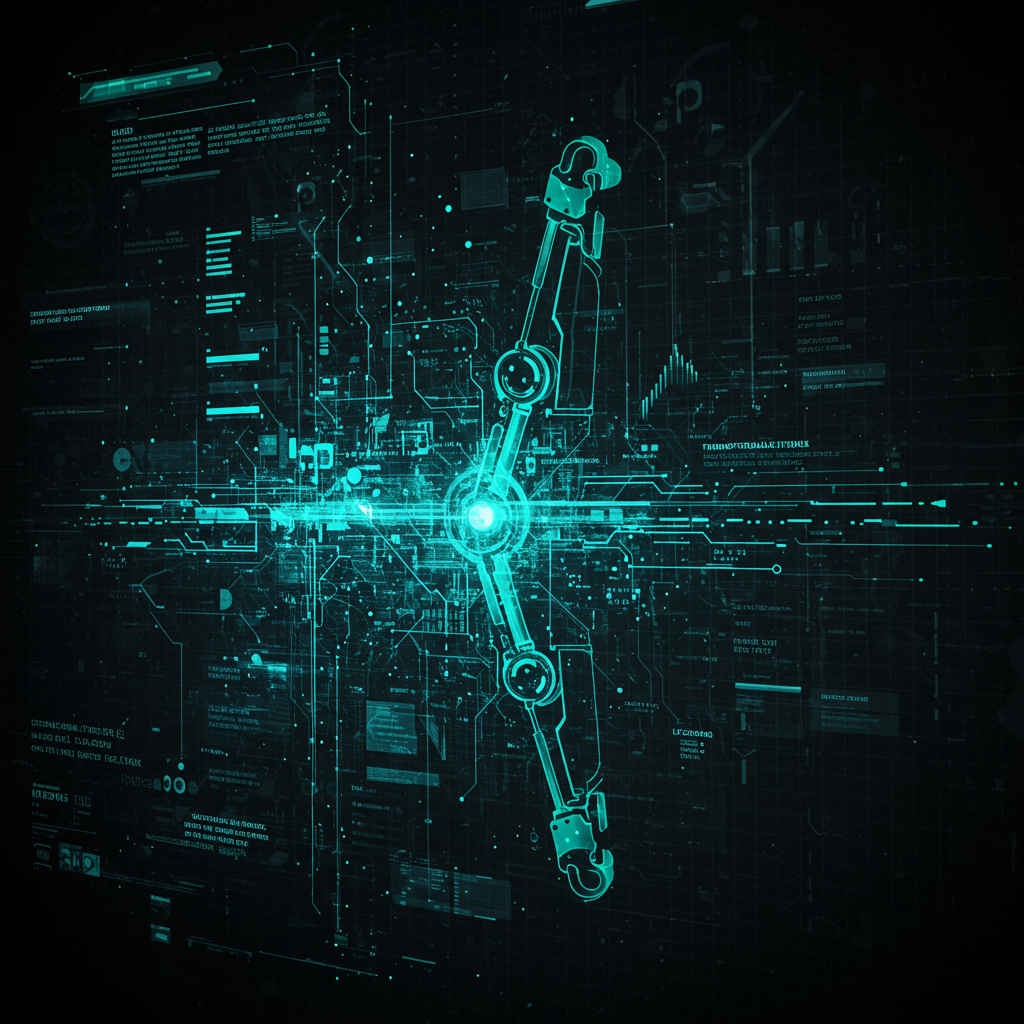 Abstract visualization showing a complex grid or matrix of data points and glowing lines dynamically reconfiguring, with stylized abstract robotic elements (joints, circuits) appearing within the matrix, suggesting a system undergoing transformation. Use the series color palette with dominant interface blue and green.