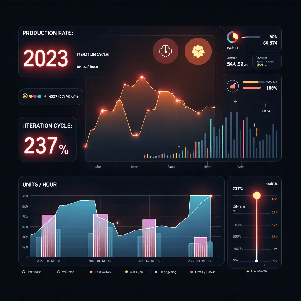Interface graphic visualizing high-speed manufacturing and iteration. Show a dashboard with rapidly updating numbers, production line schematics, and abstract representations of robots being built quickly. Use glowing interface lines and markers, emphasizing speed and scale.