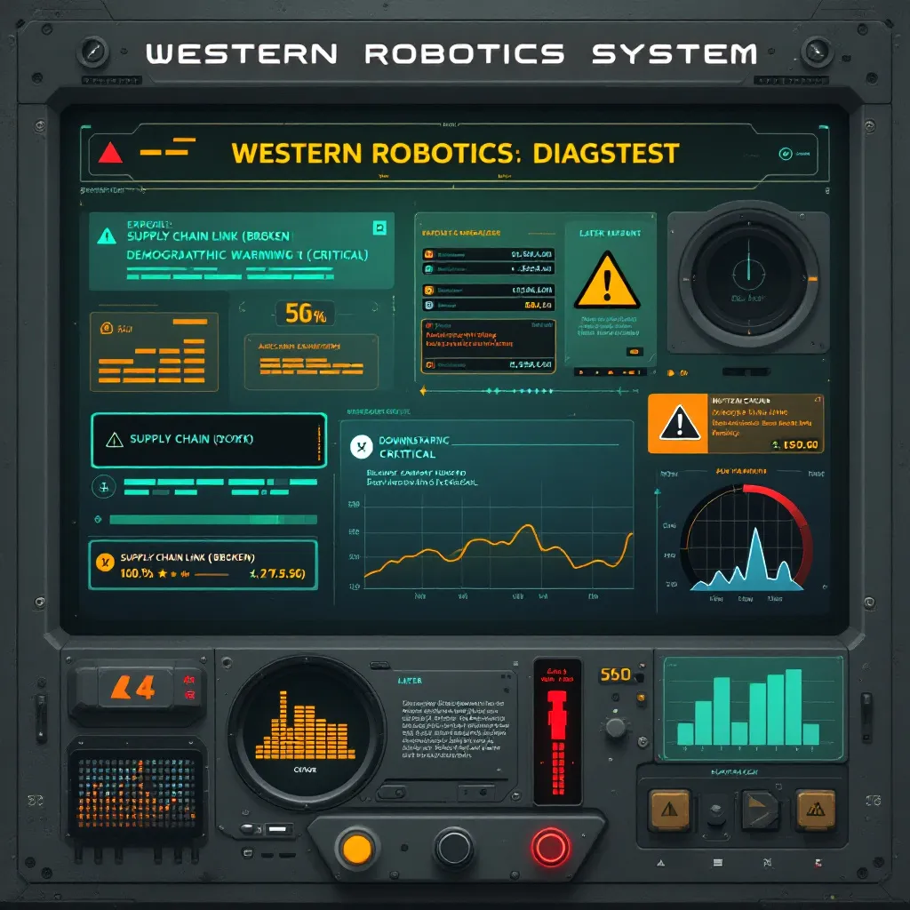 Interface graphic showing a system diagnostic screen for 'Western Robotics'. Display error messages or warning icons related to supply chain gaps, demographic trends (aging curves), and acquisition alerts. Use muted colors with red/orange warning indicators.